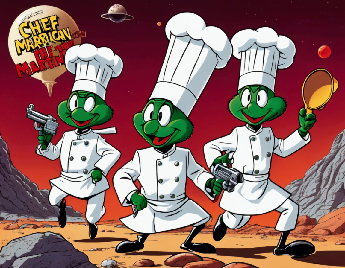 (60's american cartoons) ( The 3 stooges moe, larry, and curly dressed in chef outfits) are running from (Looney tunes Marvin the Martian, holding a ray gun), set in a huge Martian base