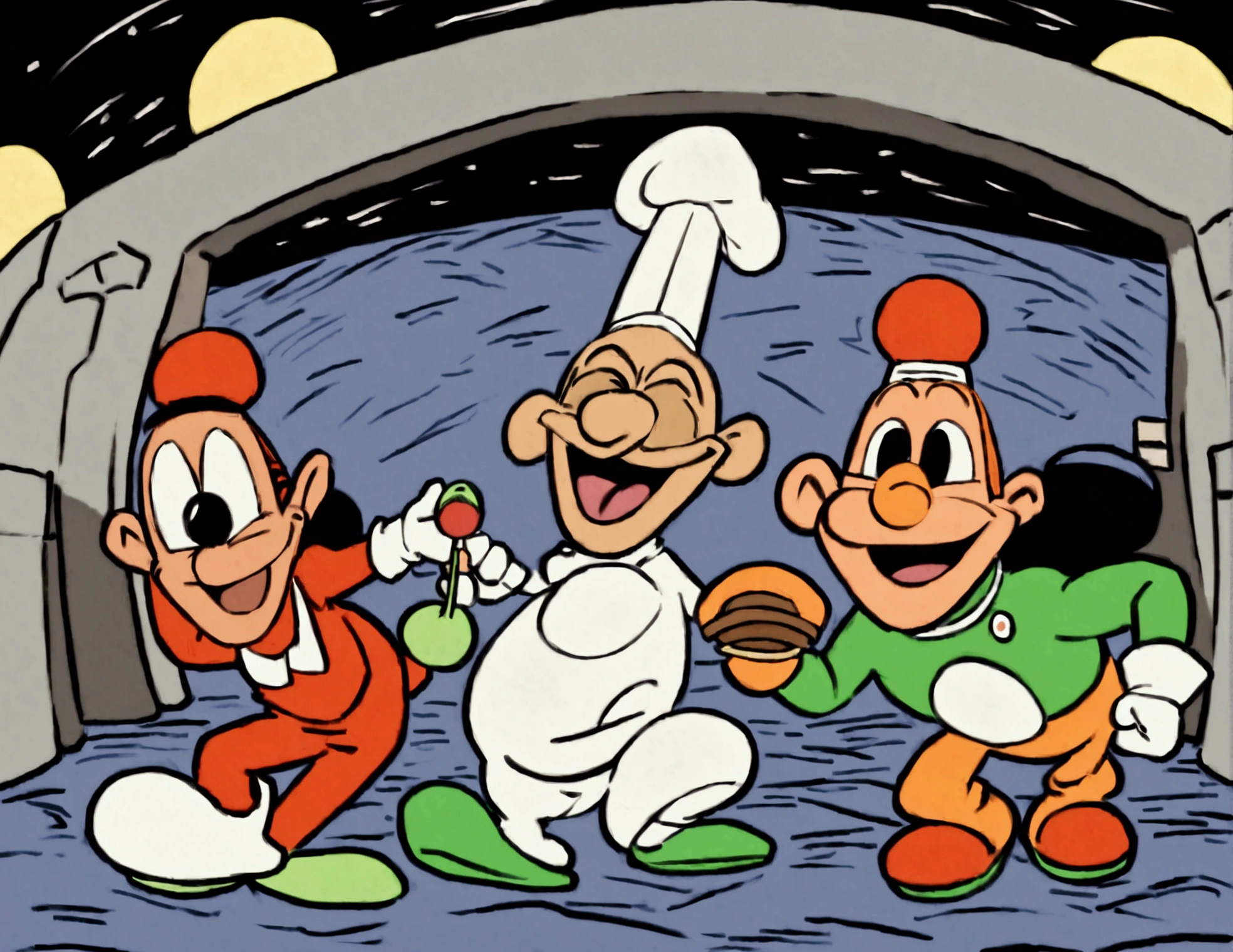 (60's american cartoons) ( The 3 stooges moe, larry, and curly dressed in chef outfits) are running from (Looney tunes Marvin the Martian, holding a ray gun), set in a huge Martian base
