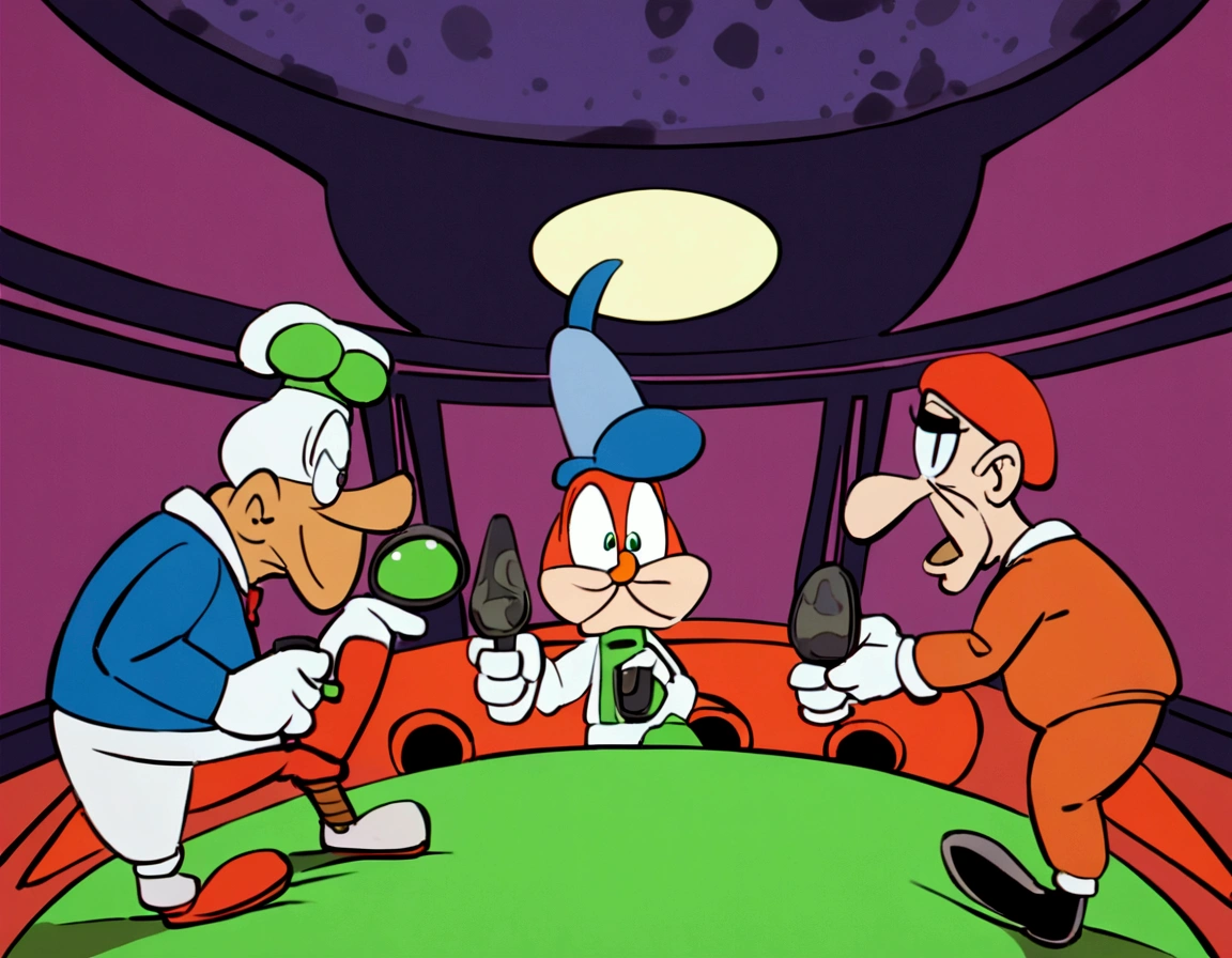 (60's american cartoons) ( The 3 stooges moe, larry, and curly dressed in chef outfits) are running from (Looney tunes Marvin the Martian, holding a ray gun), set in a huge Martian base
