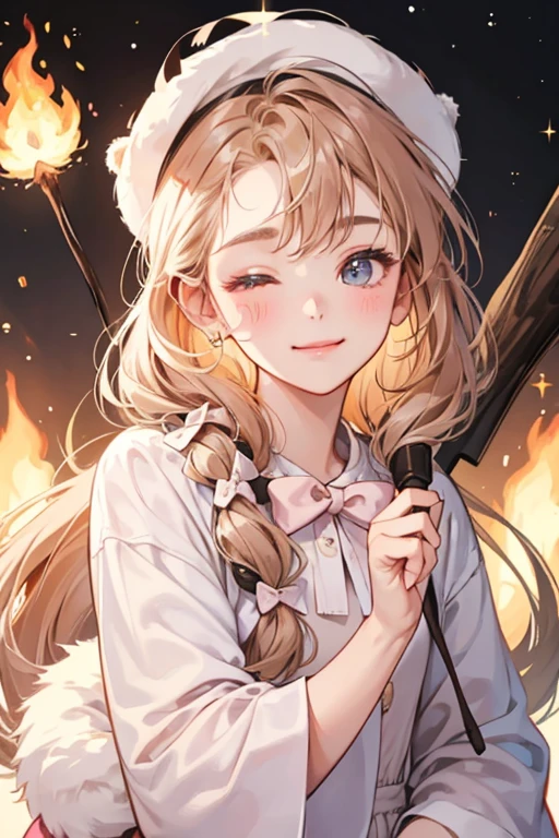 A toasted marshmallow GIRL bear Num with a silly slanted wink expression with one eye closing. The botton of her is light, while her upper body is toasty brown. Plugged on top of her is a stick adorned by a pale pink bow. SPARKLE; GLITTER