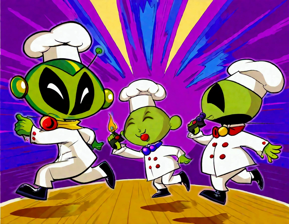 (60's american cartoons) ( The 3 stooges moe, larry, and curly dressed in chef outfits) are running from (Looney tunes Marvin the Martian, holding a ray gun), set in a huge Martian base
