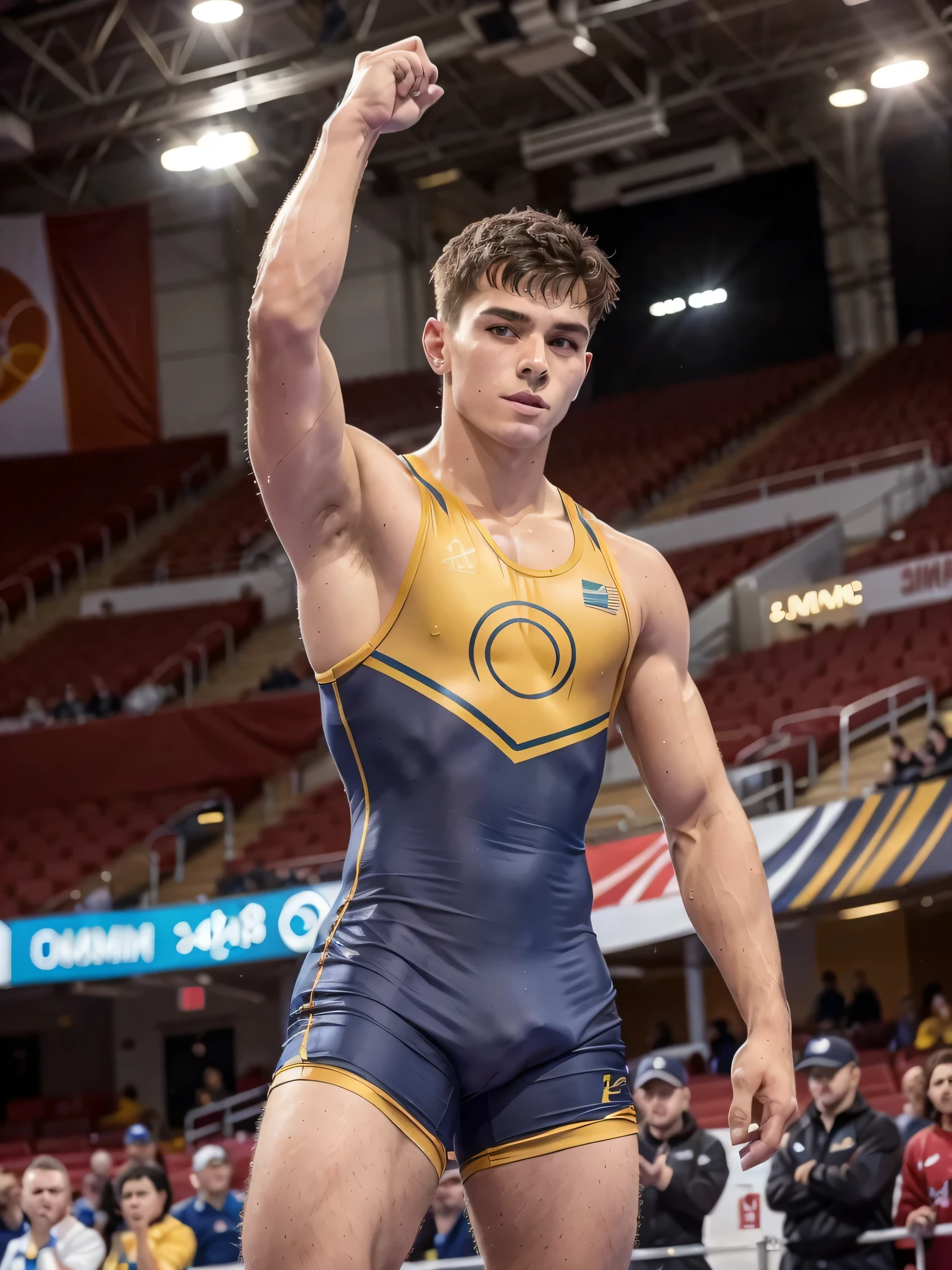 (1boy, photorealistic:1.4, ultra realistic, masterpiece:1.2, best quality, 4k), young olympic male gymnast, pommel horse event, gymnastics, slim athletic body build, wrestling singlet, wearing a men's gymnastic uniform, bodysuit, vpl, action poses, the crowd cheers, detailed faces, ultra realistic skin, Olympic Games, shot on Nikon d850 50mm, dlsr, RAW, cinematic lighting, 3 point lighting, flash with soft box
