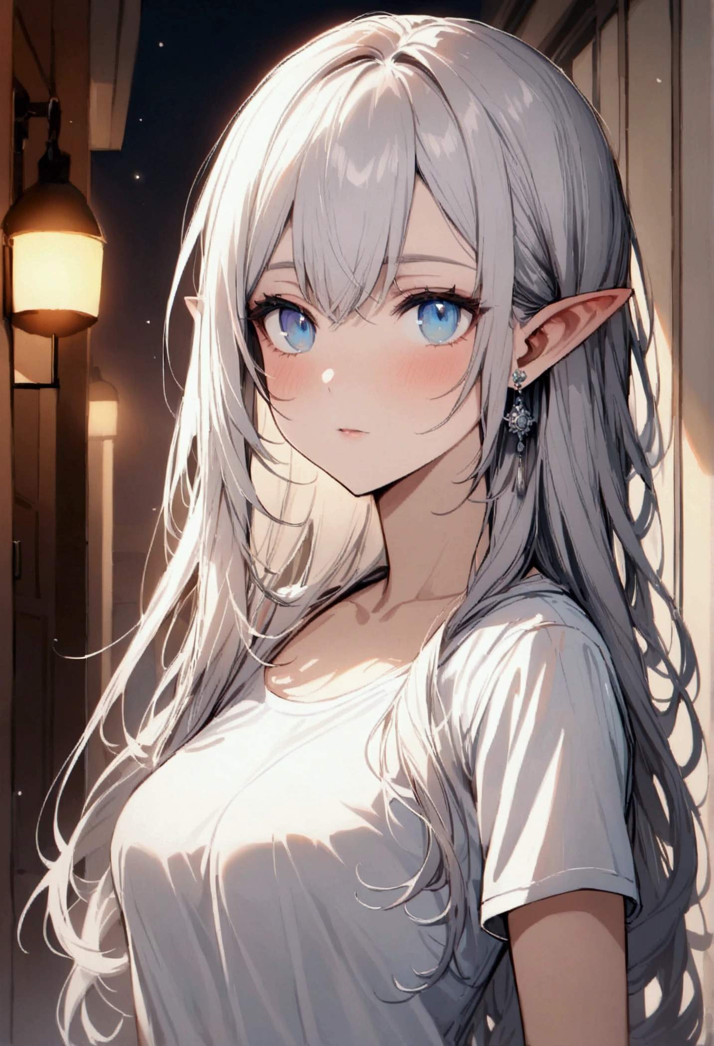 girl, student, female, long hair, red and white hair, blue eyes, a strand of hair sticking out, pointy ears, short sleeve t-shirt