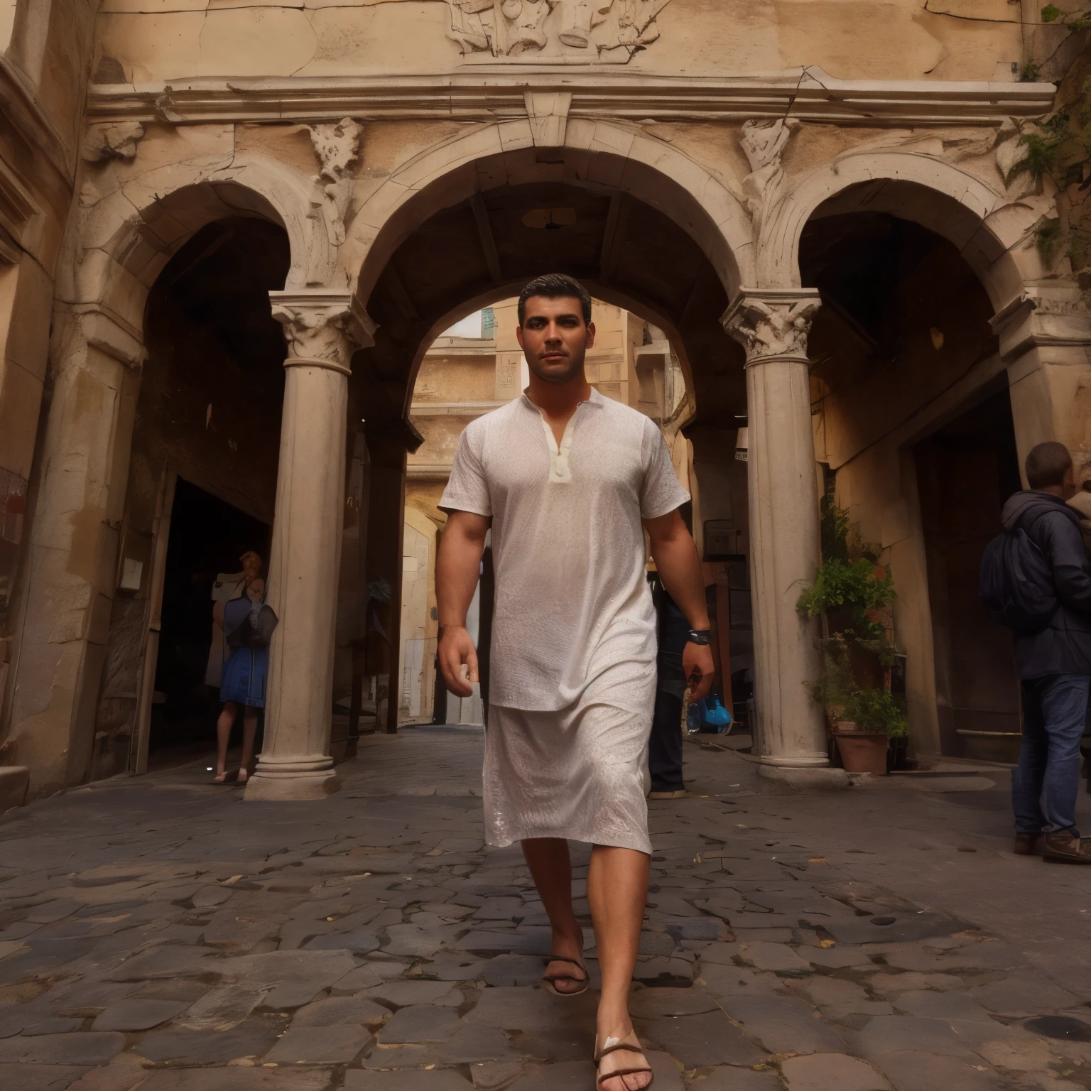 A 30-year-old young man from ancient Rome, dressed in period clothes typical of the city of Pompeii, walks down a cobblestone street. The scene is illuminated by volumetric lighting, highlighting his athletic build and intricate details of his attire, such as a tunic and sandals. The background includes classic Roman architecture, featuring columns, arches, and frescoed walls, all rendered in sharp focus and hyper-detailed. The man gazes directly at the viewer, his expression captured with realistic emotion and lifelike texture. The image showcases high-quality tone mapping and is influenced by contemporary trends on ArtStation, emphasizing realism and artistic flair. The setting is enriched with historical elements, including vendors, market stalls, and citizens in similar period dress, all contributing to a vibrant and bustling atmosphere. The use of color and light enhances the realism, making the scene both captivating and historically accurate.
cobblestone street tunic sandals Roman architecture columns arches frescoed walls realistic emotion lifelike texture tone mapping artistic flair vendors market stalls citizens period dress vibrant bustling atmosphere color light realism captivating historically accurate Pompeii ancient Rome volumetric lighting athletic build intricate details hyper-detailed sharp focus viewer gaze realistic expression high quality tone mapping ancient Roman culture Roman city street Pompeii daily life realistic portrayal ancient attire Pompeii street scene