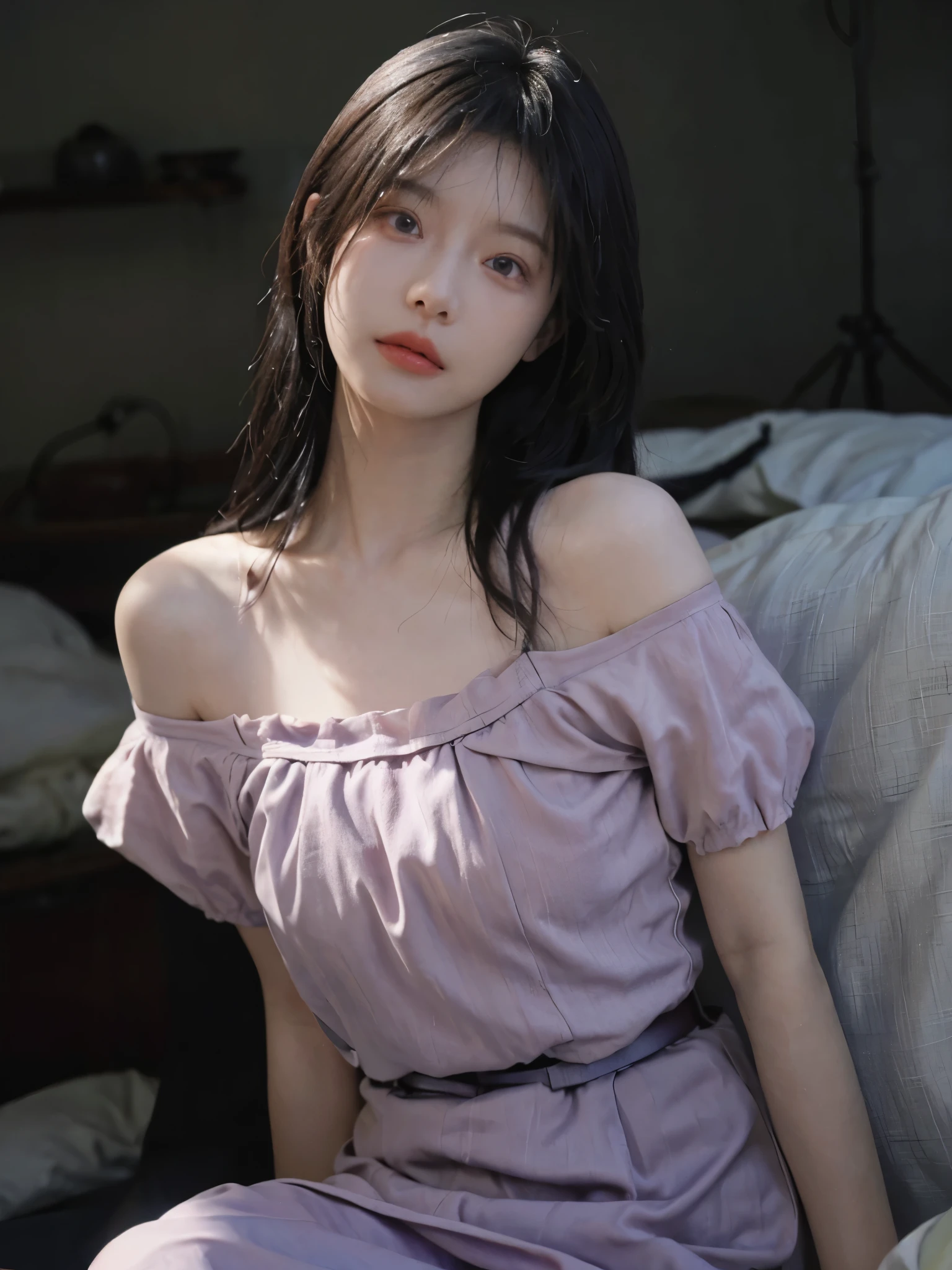 Portrait photography,1 girl,Bare shoulders,Lipstick,Purple short sleeves,(:1.4),Purple sunlight,(sunglasses:1.4),Shoulder-length straight hair,serene,calm,(Realistic and detailed eyes,Natural skin texture,逼真的面部detail),Soft dramatic lighting,Depth of Field,散景生动的detail,detail,Surrealism,35mm film,