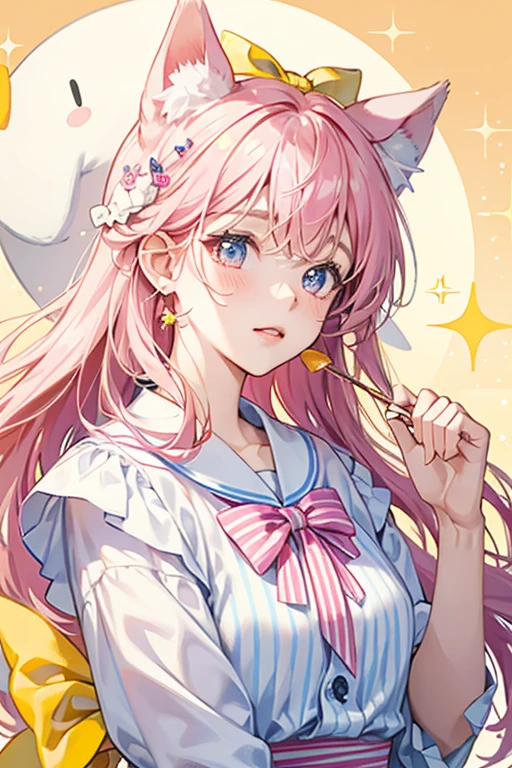 A marshmallow GIRL dog Num with a dog-like expression. She has 3 colored stripes: One pink, one white, and one pale yellow. One of her dog ears flop over. A yellow bow matching her right stripe adorns her left ear. SPARKLE; GLITTER