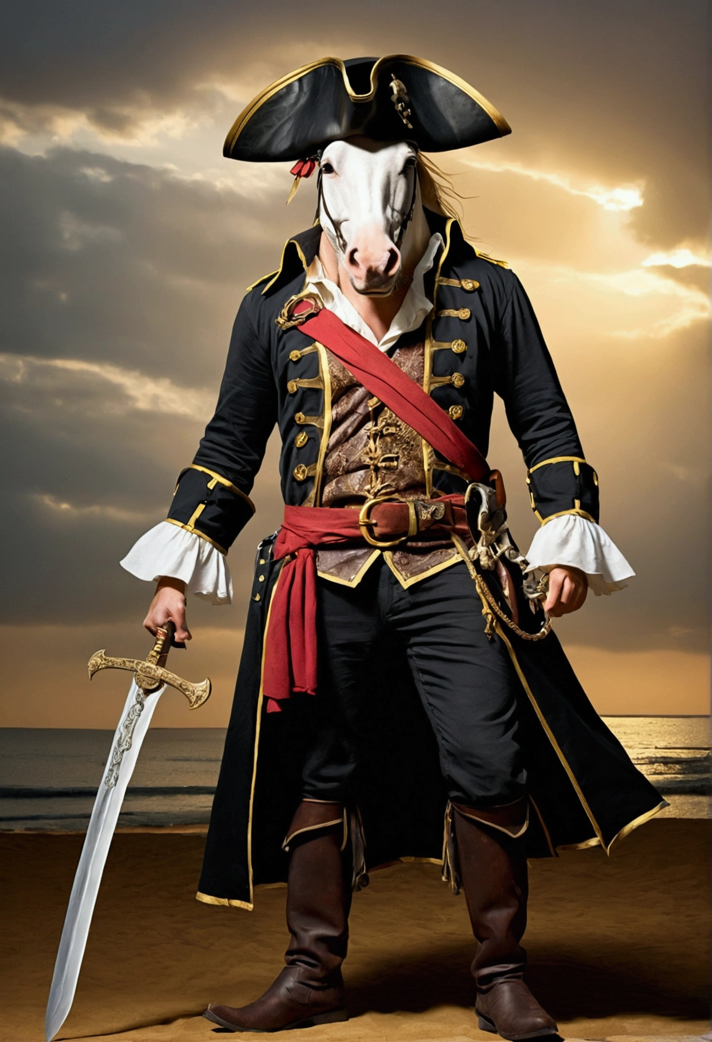 a stunning image of a pirate horse, combining traditional elements of piracy with the majesty of a horse. The horse must be standing on its hind legs, in a confident and dominant pose, wearing a full pirate costume.The horse wears a classic pirate hat with a feather, and an eye patch over one eye. He wears a dark leather jacket adorned with gold details., and a red sash tied around the waist. Its front paws may be holding a curved sword (scimitar) and an old pistol, symbolizing his role as a fearless pirate.Costume details may include leather boots on the hind legs, belts with metal buckles, and other typical pirate accessories, like a necklace with a locket or a gold earring in the ear.Make sure every aspect is meticulously detailed (1.2), from your exquisitely drawn face (1.2) to the vibrant gradients and tones that bring the scene to life. His eyes, full of depth and detail (1.2), should draw the viewer in, against a richly detailed background and landscape. Employ a dynamic angle (1.2) and pose (1.2), adhering to the rule of thirds (1.3) and incorporating a strong line of action (1.2) for an eye-catching composition.The photo should capture a wide view, bathed in light , highlighting your solitary, seductive presence and your exposed skin. Render this scene in 8K resolution with HDR
