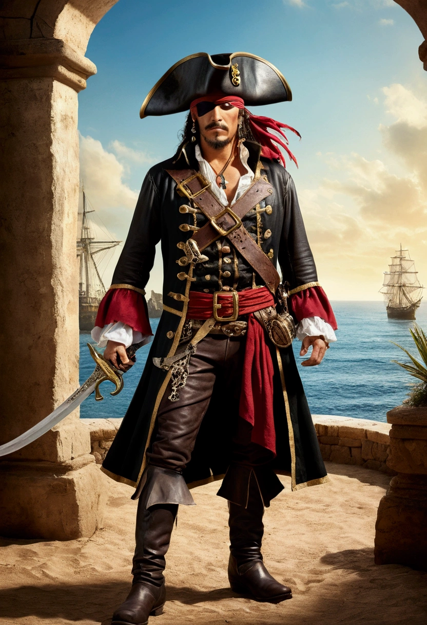 a stunning image of a pirate horse, combining traditional elements of piracy with the majesty of a horse. The horse must be standing on its hind legs, in a confident and dominant pose, wearing a full pirate costume.The horse wears a classic pirate hat with a feather, and an eye patch over one eye. He wears a dark leather jacket adorned with gold details., and a red sash tied around the waist. Its front paws may be holding a curved sword (scimitar) and an old pistol, symbolizing his role as a fearless pirate.Costume details may include leather boots on the hind legs, belts with metal buckles, and other typical pirate accessories, like a necklace with a locket or a gold earring in the ear.Make sure every aspect is meticulously detailed (1.2), from your exquisitely drawn face (1.2) to the vibrant gradients and tones that bring the scene to life. His eyes, full of depth and detail (1.2), should draw the viewer in, against a richly detailed background and landscape. Employ a dynamic angle (1.2) and pose (1.2), adhering to the rule of thirds (1.3) and incorporating a strong line of action (1.2) for an eye-catching composition.The photo should capture a wide view, bathed in light , highlighting your solitary, seductive presence and your exposed skin. Render this scene in 8K resolution with HDR