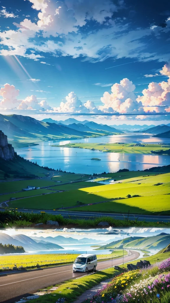Plains, wide highways, flowers and trees in the center and on both sides of the road, sunny and rainy, half rainy and half sunny, minibuses running by the sea, light through clouds, raindrops in the air, distant mountains, mountain vegetation, sea, clouds,