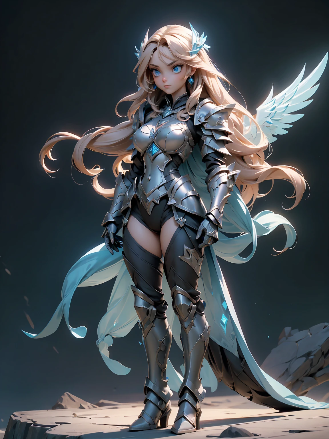 (((masterpiece))) (((highest quality))) (((8k resolution))) Queen in power armor, (gothic style), (full body shot 1.2), bellybutton, The most beautiful and sexy angel goddess, with long light brown hair, and glowing blue eyes, wearing intricate white gothic battle armor, angel wings, standing majestically in front of a gothic castle. ((perfect illumination)), a radiant glowing aura surrounds her, highlighting her divine presence and ethereal beauty, as she stands ready to defend her realm. The intricate details of her armor shimmer under the moonlight, and her angelic wings spread wide, casting an awe-inspiring shadow. Her glowing blue eyes exude both kindness and immense power, making her the epitome of grace and strength.