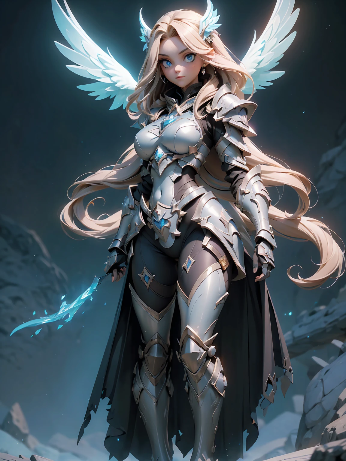 (((masterpiece))) (((highest quality))) (((8k resolution))) Queen in power armor, (gothic style), (full body shot 1.2), bellybutton, The most beautiful and sexy angel goddess, with long light brown hair, and glowing blue eyes, wearing intricate white gothic battle armor, angel wings, standing majestically in front of a gothic castle. ((perfect illumination)), a radiant glowing aura surrounds her, highlighting her divine presence and ethereal beauty, as she stands ready to defend her realm. The intricate details of her armor shimmer under the moonlight, and her angelic wings spread wide, casting an awe-inspiring shadow. Her glowing blue eyes exude both kindness and immense power, making her the epitome of grace and strength.