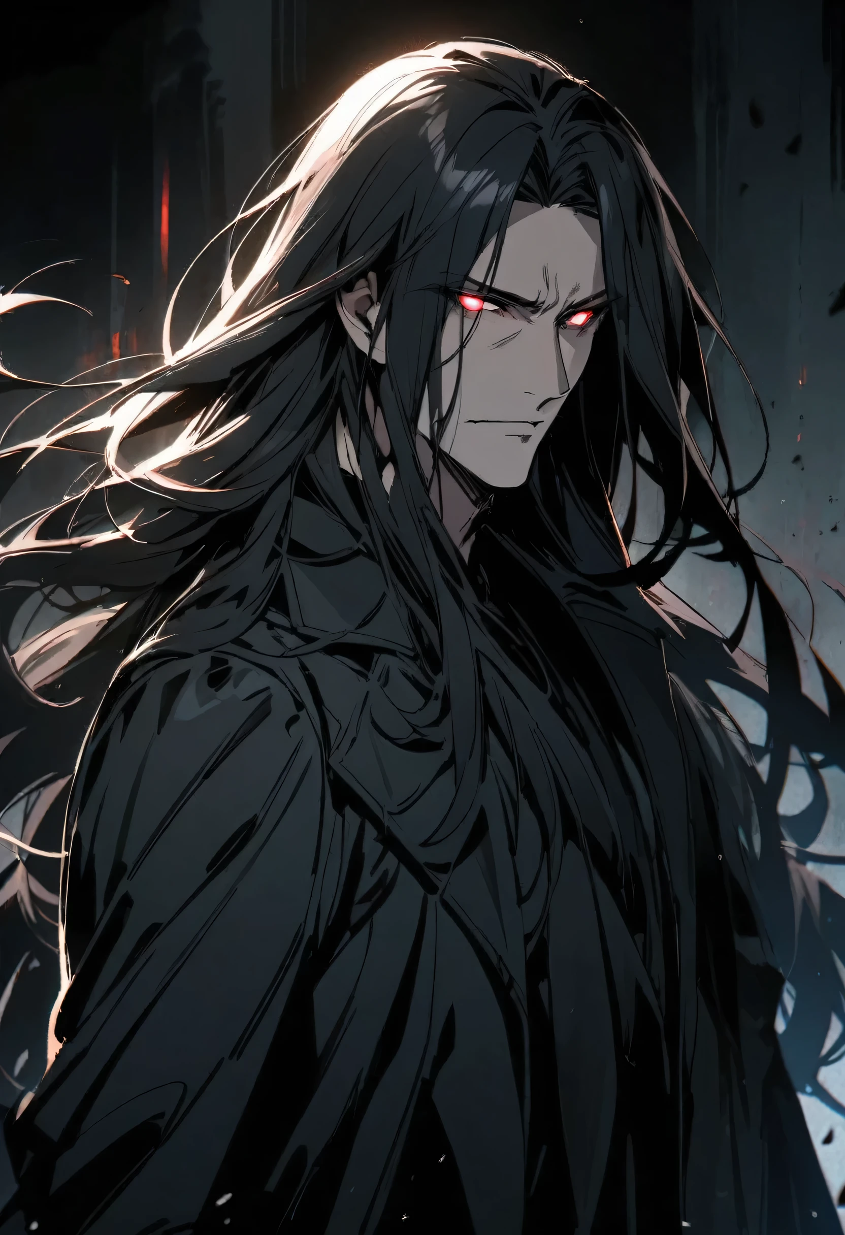 Man, long hair, black eyes, glowing eyes, black hair, mature, handsome, black aura, Black coat