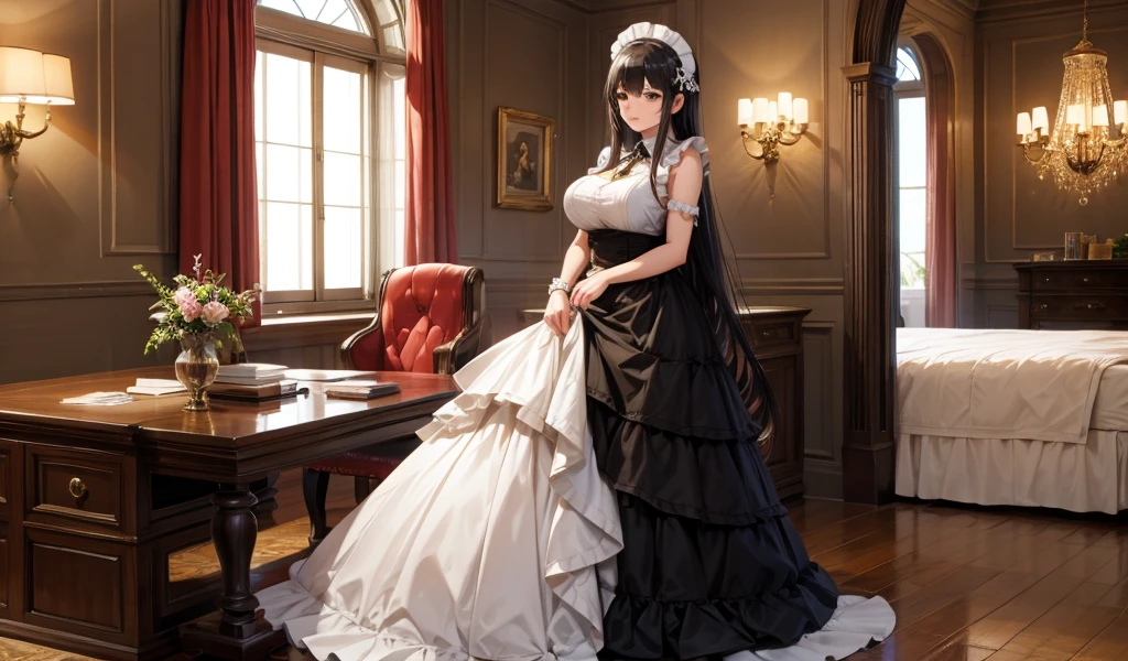 Adult woman with long black straight hair and huge breasts,Maid costume,Bare arms,Long skirt,Luxury study room