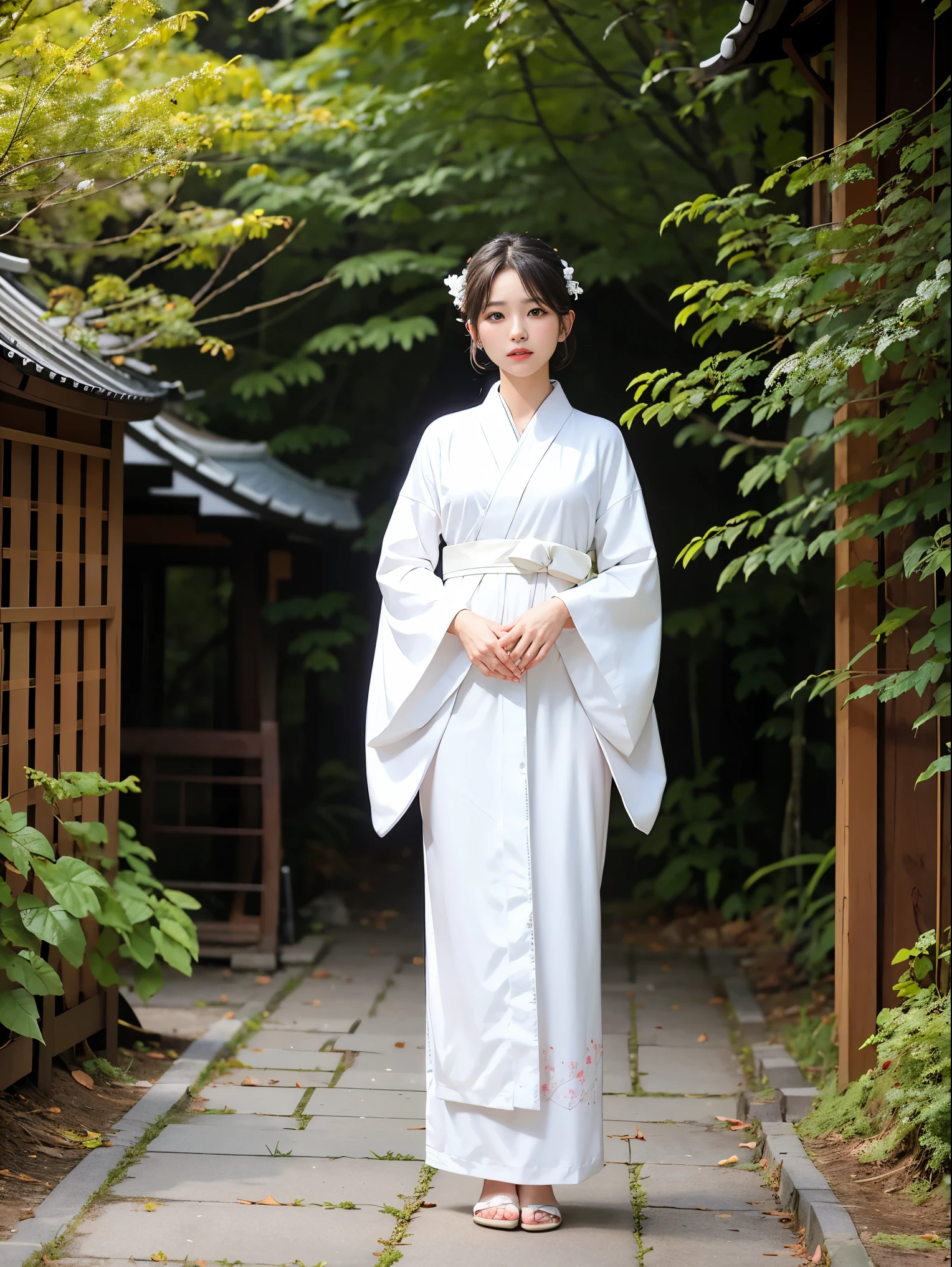 Standing in the middle of the night。A fragile beautiful woman in a white kimono。