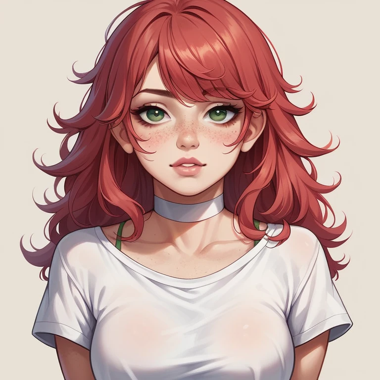 score_9,score_8_up,score_7_up,score_6_up,score_5_up,score_4_up, 14歳, straight chest 1 girl, 14 years old, pretty girl, red hair, loose hair on her shoulders, hair with bangs, pretty nose. seductive lip, seductive innocent look, white choker, pink lips, freckles, green eyes, horny face, wearing a spaghetti strap t-shirt
