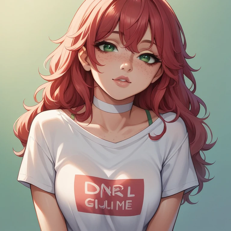 score_9,score_8_up,score_7_up,score_6_up,score_5_up,score_4_up, , straight chest 1 girl, 14 retty girl, red hair, loose hair on her shoulders, hair with bangs, pretty nose. seductive lip, seductive innocent look, white choker, pink lips, freckles, green eyes, horny face, wearing a spaghetti strap t-shirt