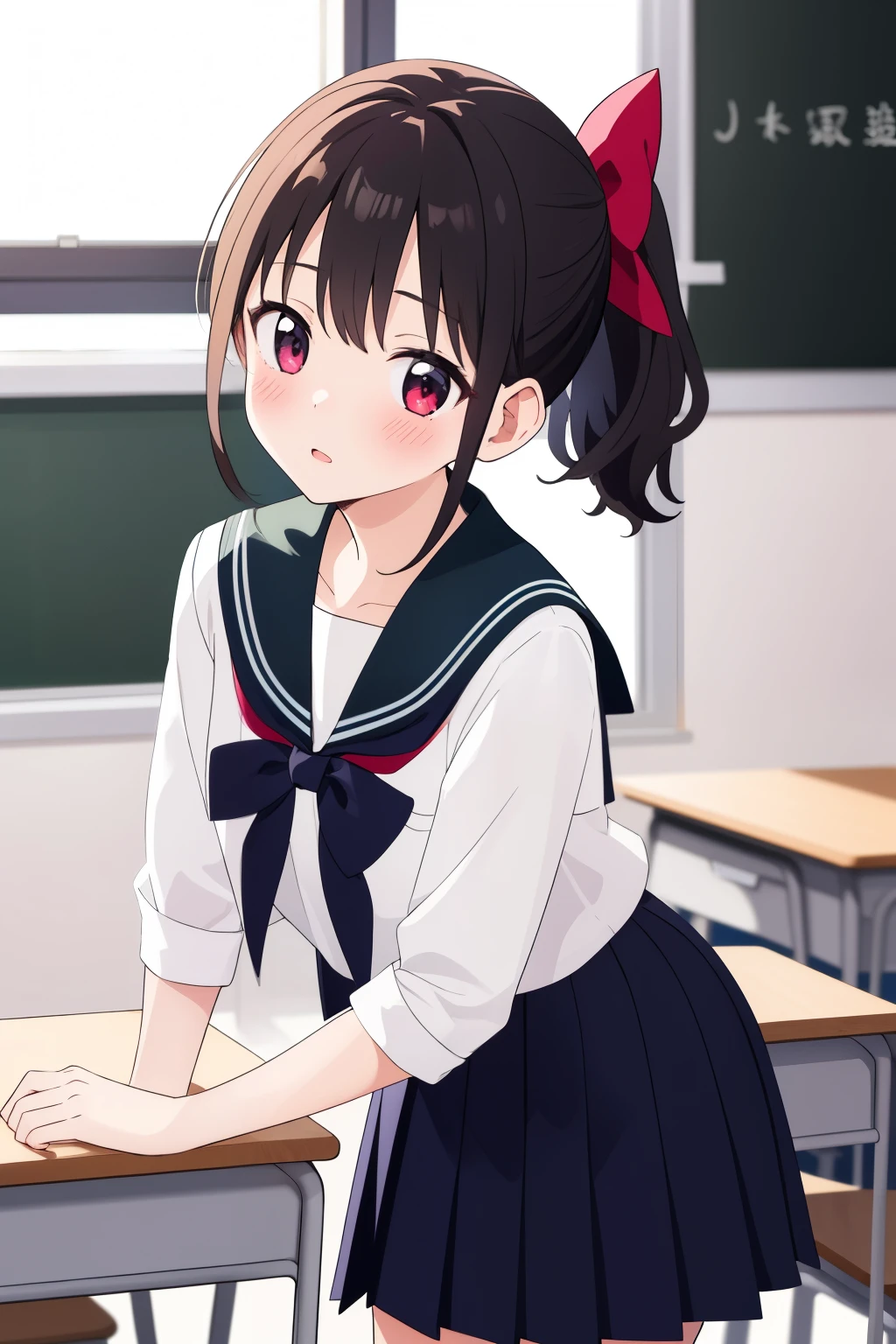 ultra-detailed,masterpiece,best quality,jcf, 1girl,,black ponytail,large bow,blush,leaning forward,classroom,blackboard,desk,window,shirt,skirt, 黒いパンスト