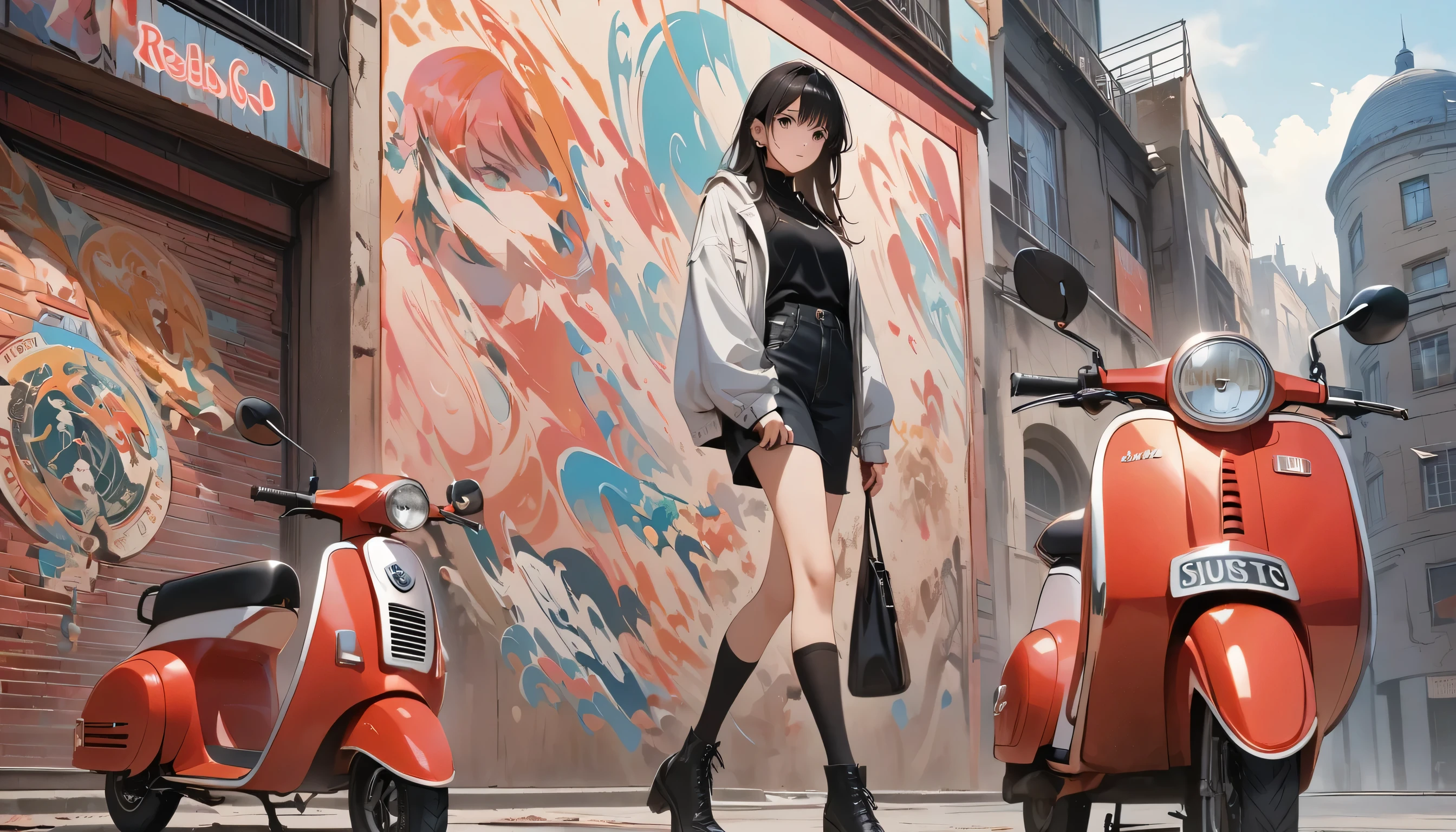 Image of a woman in her twenties riding a red scooter in front of a city, Music album covers, Music Album Art, musical, animeカバー, Music Records, In Akira style, " anime, (masterpiece:1.2), Highest quality,Pixiv,Rebellious girl,Portraiture, Fashionable women、whole body、