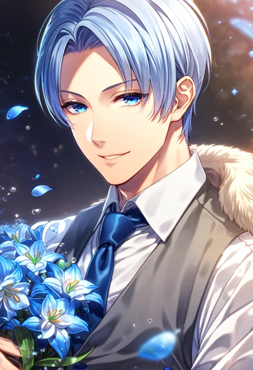 absurdres, highres, ultra detailed, HDR, master piece, Aoyama Kazuki, blue hair, expressive blue eyes, gray vest, blue necktie, white shirt, TRIBE NINE, sexy man, handsome, solo, best quality, blue lilies flowers, fantasy, blue shining fireflies, blue petals, sensual, starry sky, shining, blue blossoms, magical, handsome smile, water