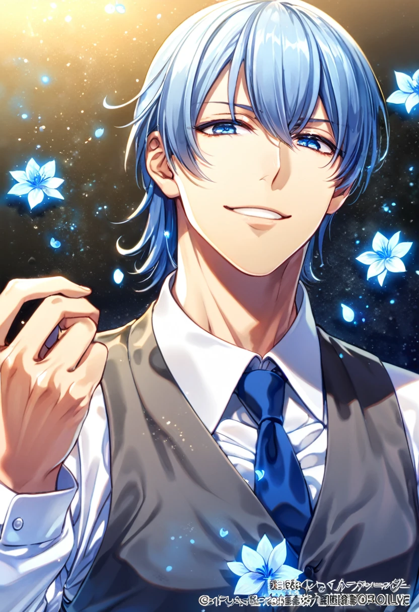 absurdres, highres, ultra detailed, HDR, master piece, Aoyama Kazuki, blue hair, expressive blue eyes, gray vest, blue necktie, white shirt, TRIBE NINE, sexy man, handsome, solo, best quality, blue lilies flowers, fantasy, blue shining fireflies, blue petals, sensual, starry sky, shining, blue blossoms, magical, handsome smile, water