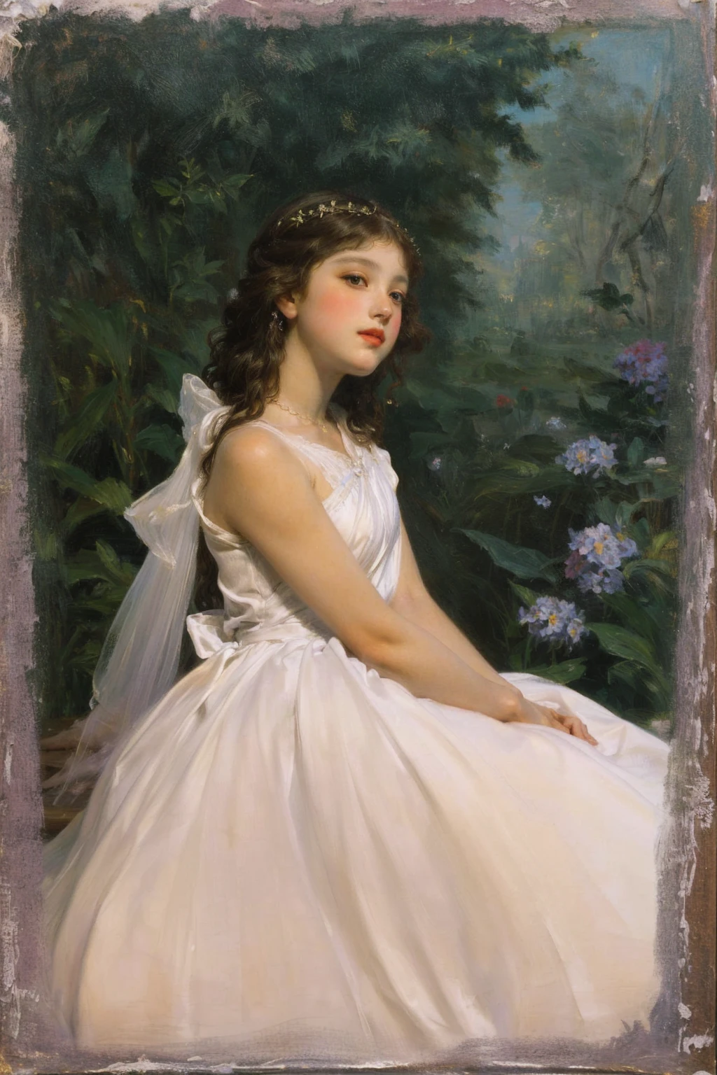painting of a young girl in a white dress sitting in a garden, Portrait painting of a princess, portrait of fairy princess, princess portrait, Portrait of a princess, inspired by William-Adolphe Bouguereau, princess portrait, Pudica bouguereau style pose, classic portrait, beautiful languid princess, a stunning young ethereal figure