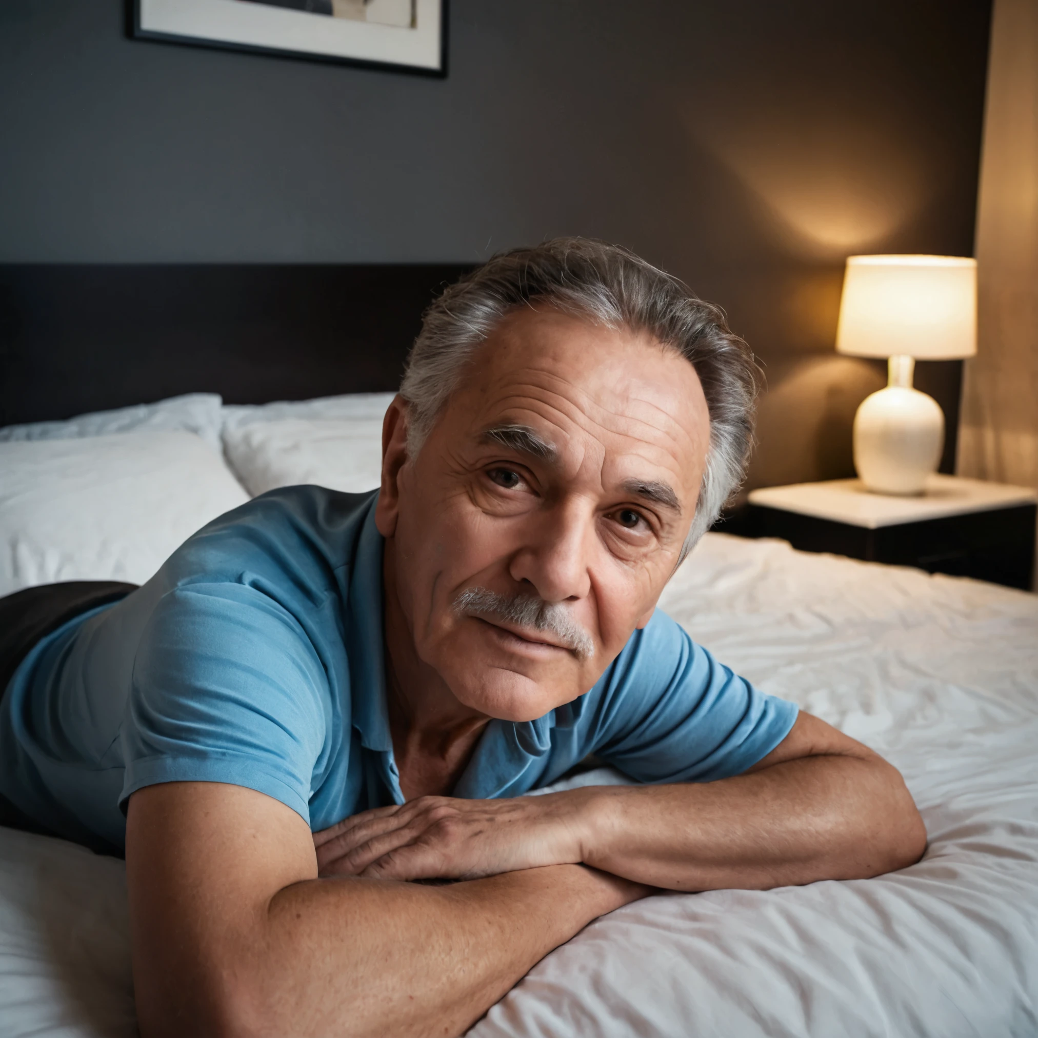 65yrs old man laying on the bed, focus on the camera, dark hair, selfie photo with a backdrop of nice bedroom apartment, realistic facial features
