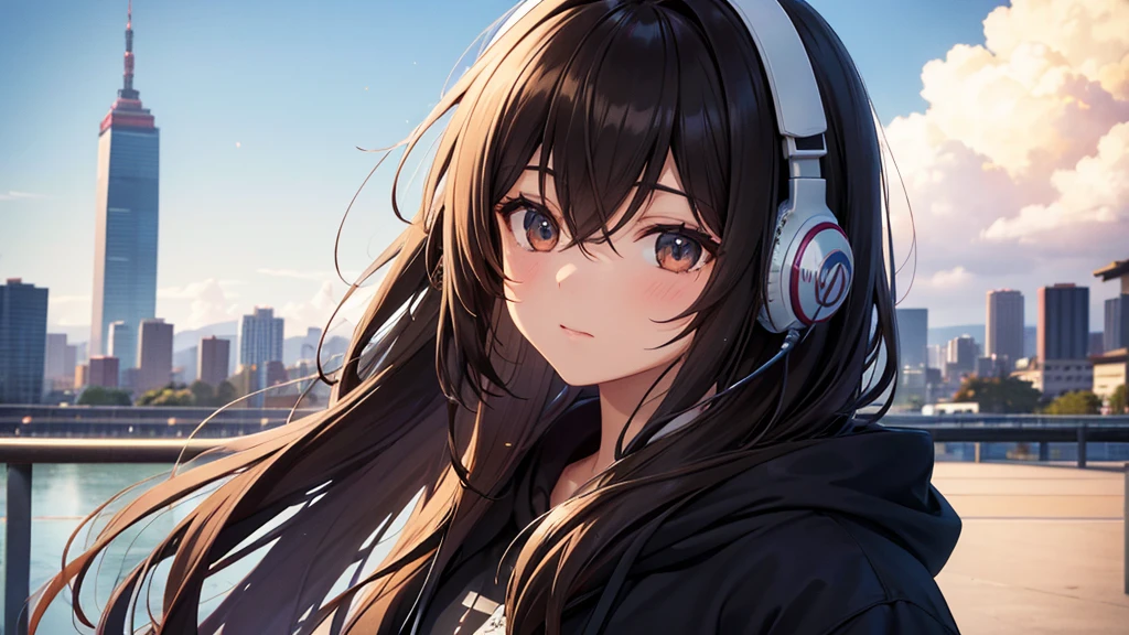 A woman with long hair that's a mix of black and brown, wearing a hoodie
She's wearing headphones labeled "Lo-Fi"
A close-up of the woman's face, facing directly sideways and gazing into the distance
The background depicts the scenery of Tsutenkaku Tower in Osaka
Detailed rendering of individual hair strands, eye reflections, and fabric creases
Pay special attention to lighting and shadows