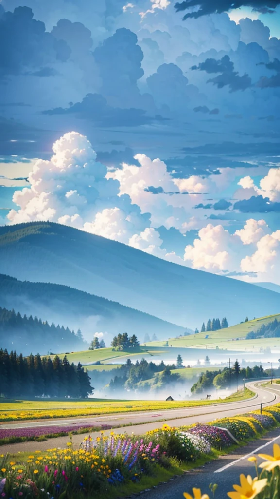 Plains, wide highways, flowers and trees in the center and on both sides of the road, sunny and rainy, half rainy and half sunny, minibuses running by the sea, light through clouds, raindrops in the air, distant mountains, mountain vegetation, sea, clouds,