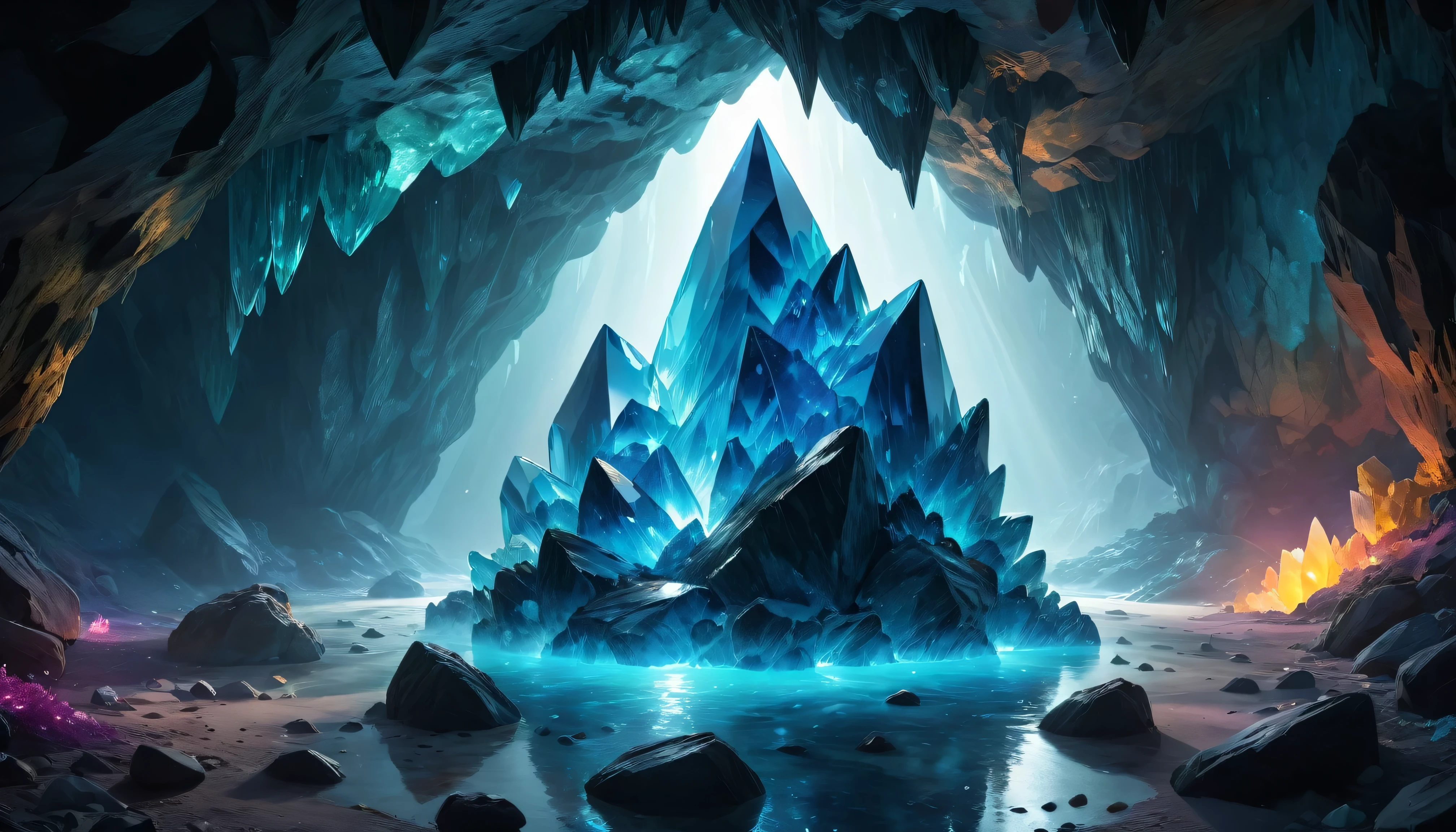 (best quality,4k,8k,highres,masterpiece:1.2),ultra-detailed,(realistic,photorealistic,photo-realistic:1.37), vibrant colors, ominous atmosphere, Crystal Cave, crystal rock, Crystal Reflection, light, illumination, Glowing particle composition), general shot, ethereal light, Octane Rendering, Strengthen, complicated