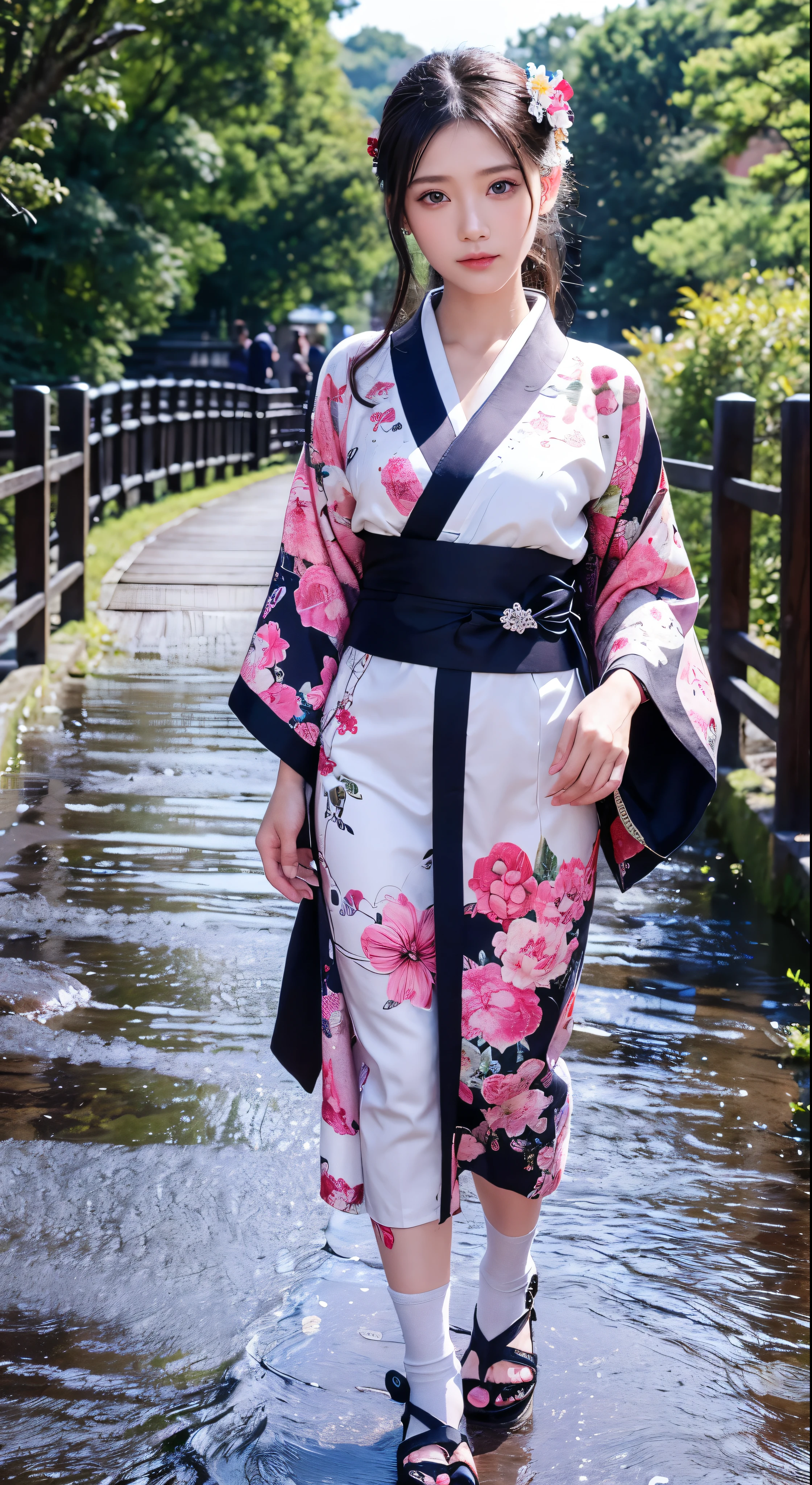 with high definition images,Highly detailed CG uniform 8k wallpaper、Real、Handcrafted by Guido Daniele、Facial details,kimono_clothes、Wooden bridge、Sakuramon Gate、wreath、Beautiful woman in floral kimono,Kimono trimmed with lace、Stone brick road、Wet road、geta、Two Toe Socks