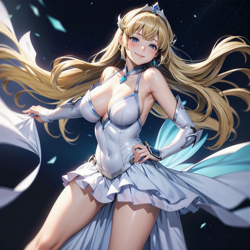 Hikari \(Xenoblade\), One girl, armor, bangs, Exposing shoulders, Blonde, chest, chestの谷間, Mouth closed, dress, Earrings, elbow gloves, eyelash, Floating Hair, gem, gloves, hair ornaments, hair band, Headpiece, jewelry, large chest, Lean back, Long Hair, Neon Trim, Official Art, Pause, saitou masatsugu, Side Lock, Fits perfectly to the skin, smile, alone, Are standing, swept bangs, tiara,very Long Hair, white dress,grassland