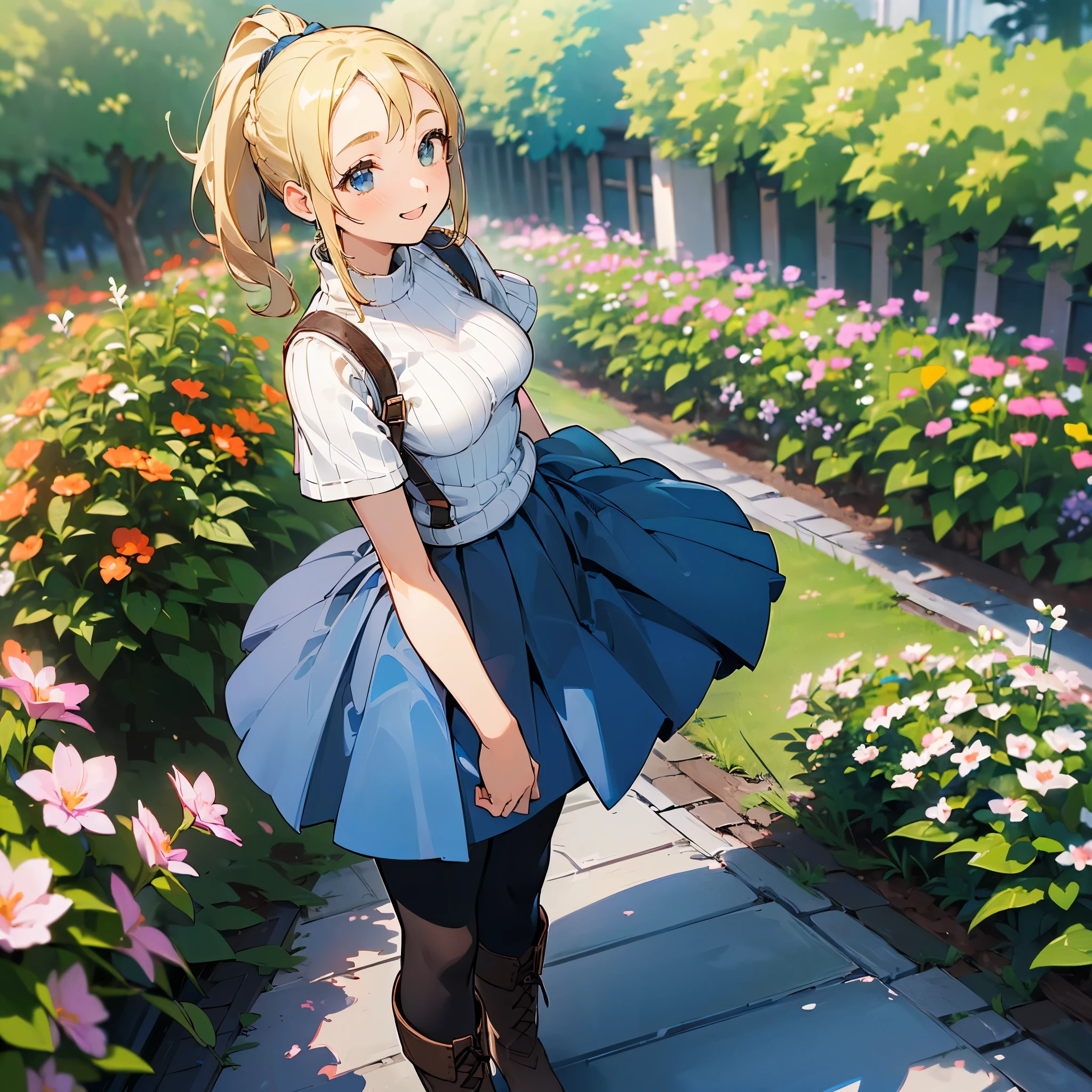 (high quality, High resolution, Very detailed, reality:1.37), Peaceful atmosphere, (Outdoor, garden), Teenage girl standing alone, (my breasts are big.), Beautiful details, Cute Smile, (Blonde Ponytail), Short sleeve ribbed sweater, Blue Skirt, Black tights, Brown boots.