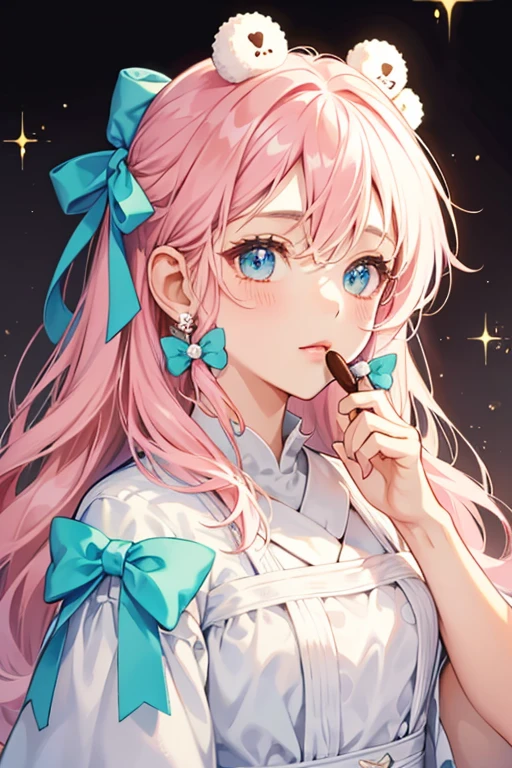 A GIRL bear marshmallow with basic face. On top of her head is dripping chocolate syrup and two candy bows, one mint, one soft pink. SPARKLE; GLITTER