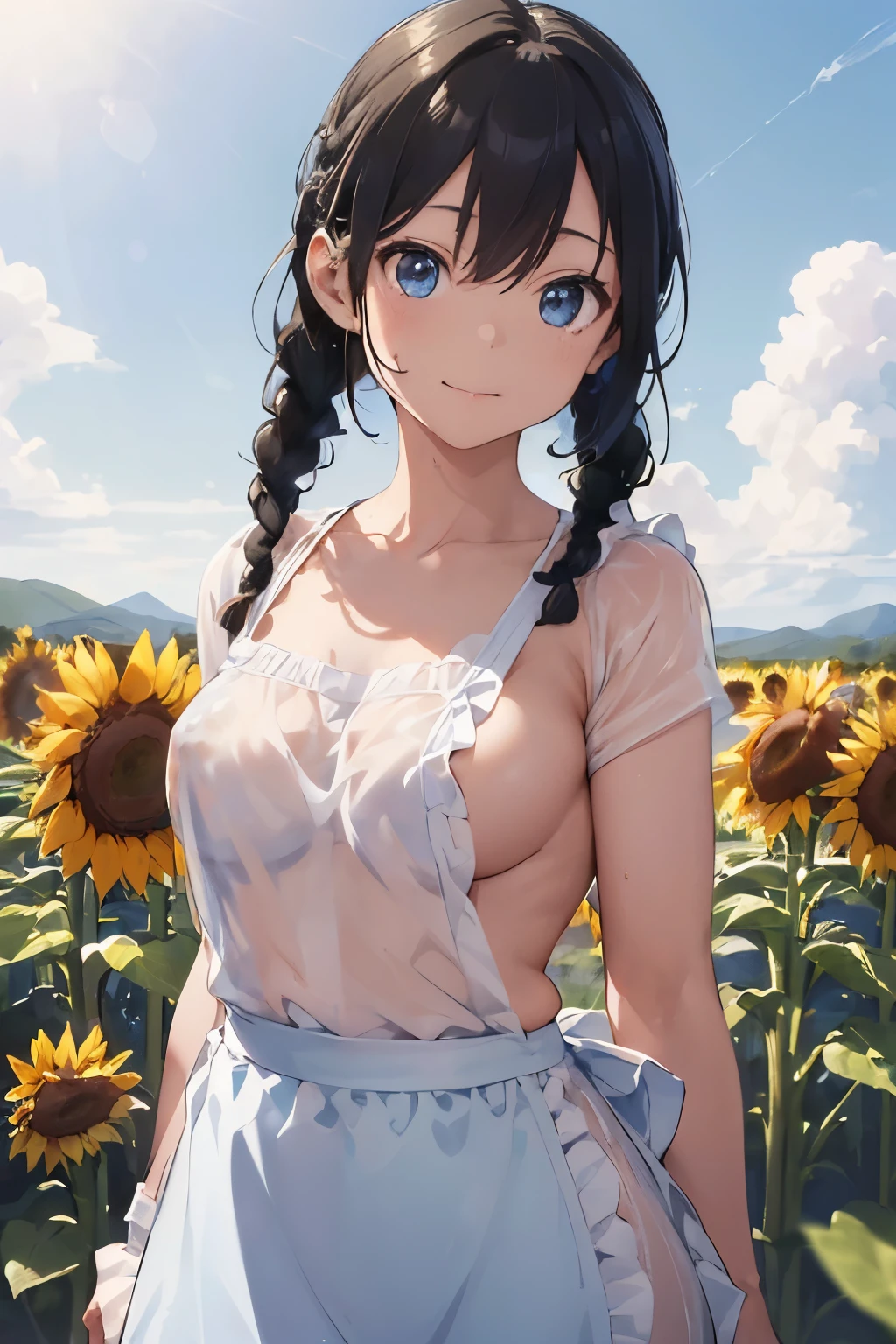 ((Highest quality)), ((masterpiece)), (detailed), (Japanese),, Black Hair,(Childish face), (Braids), Girl , big Breasts, ,(Naked), ((Blue eyes)),half-smile , Sunlight, from_behind, ((arched back)), (extreme_close_up) ,upper body ,Sunflower field ,(Naked Apron),Frill apron,((white See-through)),