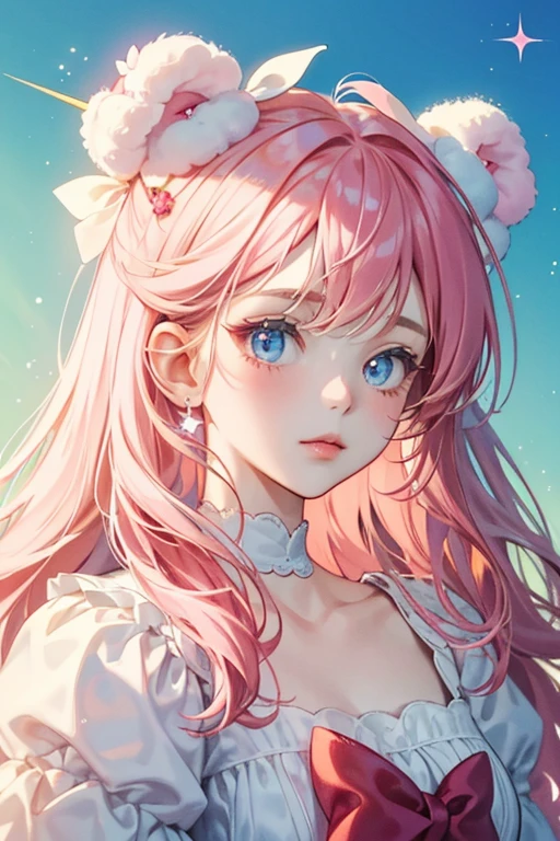 Strawberry Mallow is a soft pink GIRL bear marshmallow with basic face. On top of her head is raspberry-colored syrup. She has two candy bows, one pale yellow, one powder blue. SPARKLE; GLITTER