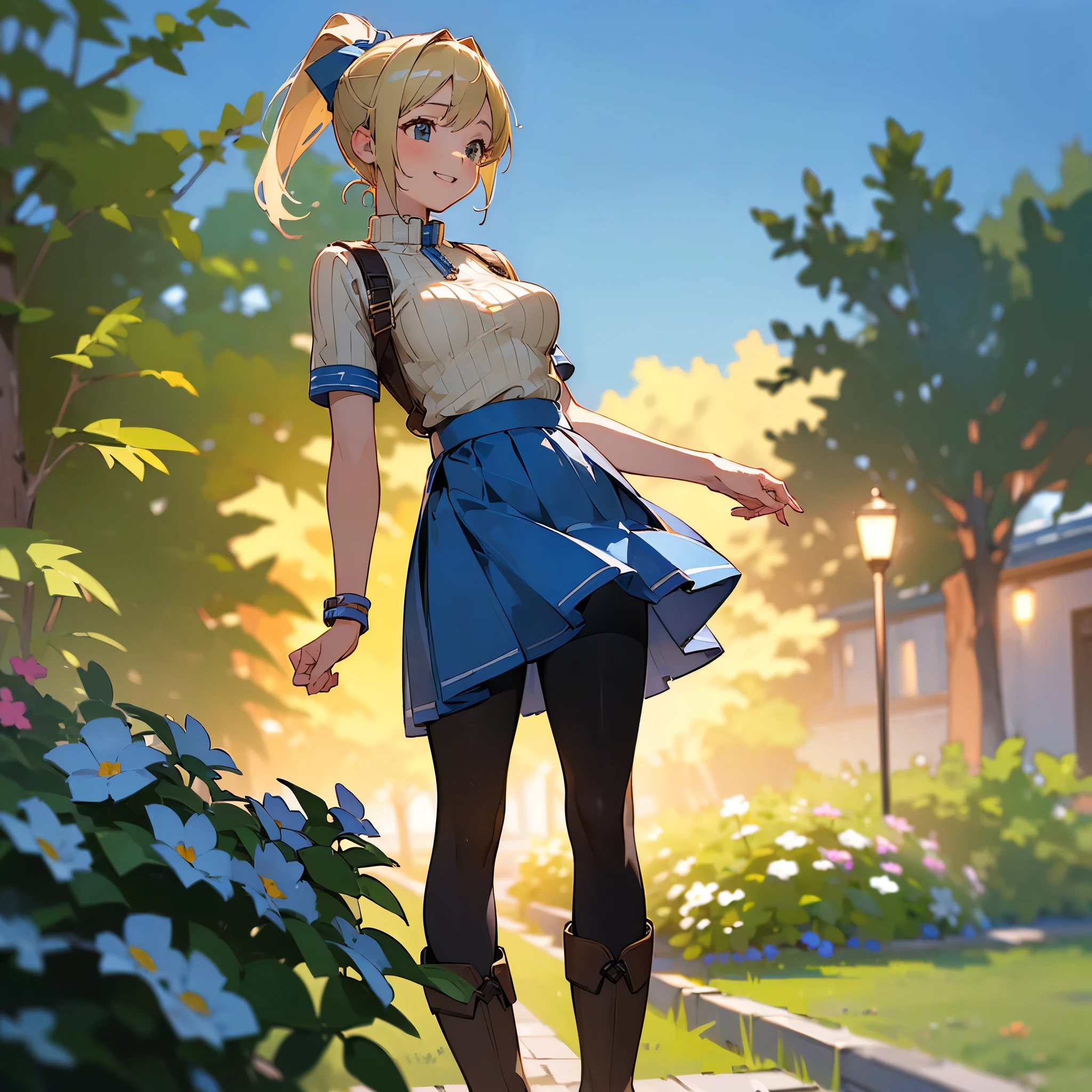 (high quality, High resolution, Very detailed, reality:1.37), Peaceful atmosphere, (Outdoor, garden), age girl standing alone, (my breasts are big.), Beautiful details, Cute Smile, (Blonde Ponytail), Short sleeve ribbed sweater, Blue Skirt, Black tights, Brown boots.