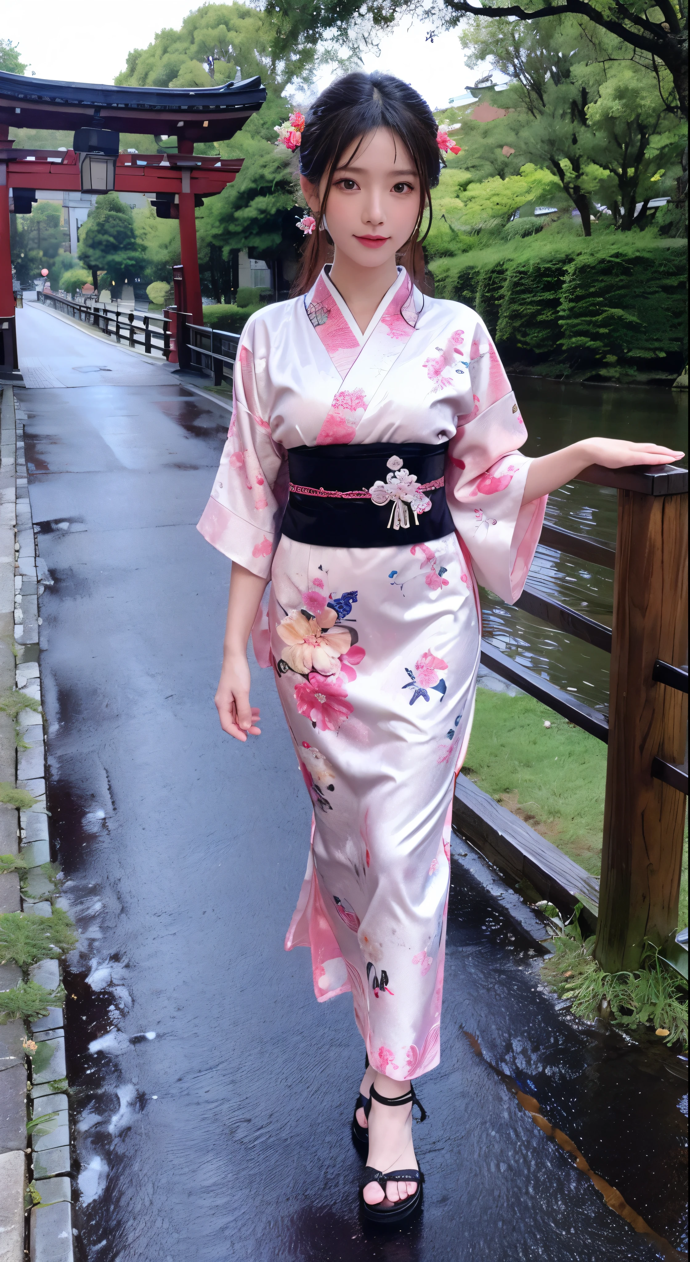 with high definition images,Highly detailed CG uniform 8k wallpaper、Real、Handcrafted by Guido Daniele、Facial details,kimono_clothes、Wooden bridge、Sakuramon Gate、wreath、Beautiful woman in floral kimono,Kimono trimmed with lace、Stone brick road、Wet road、geta、Two Toe Socks
