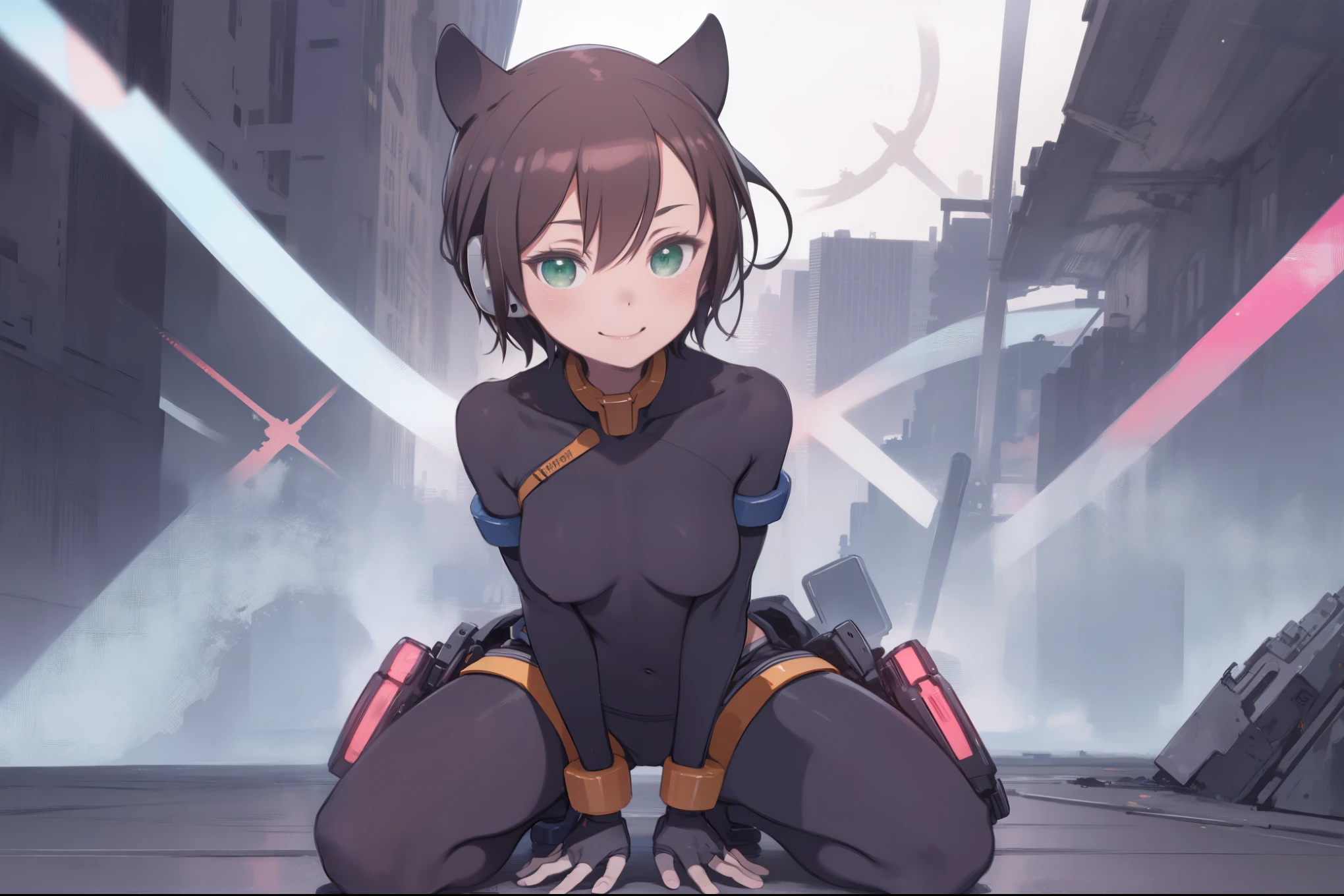 aile_megamanzx, kneeling with one hand on the ground and the other arm raised, 1girl, solo, short hair, brown hair, short sleeves, (bodysuit), robot ears, green eyes, very_short_shorts, short sleeves, short over long sleeves, smile, in futuristic city, , high quality, medium_breasts,crotch, slouch,groin,solo
