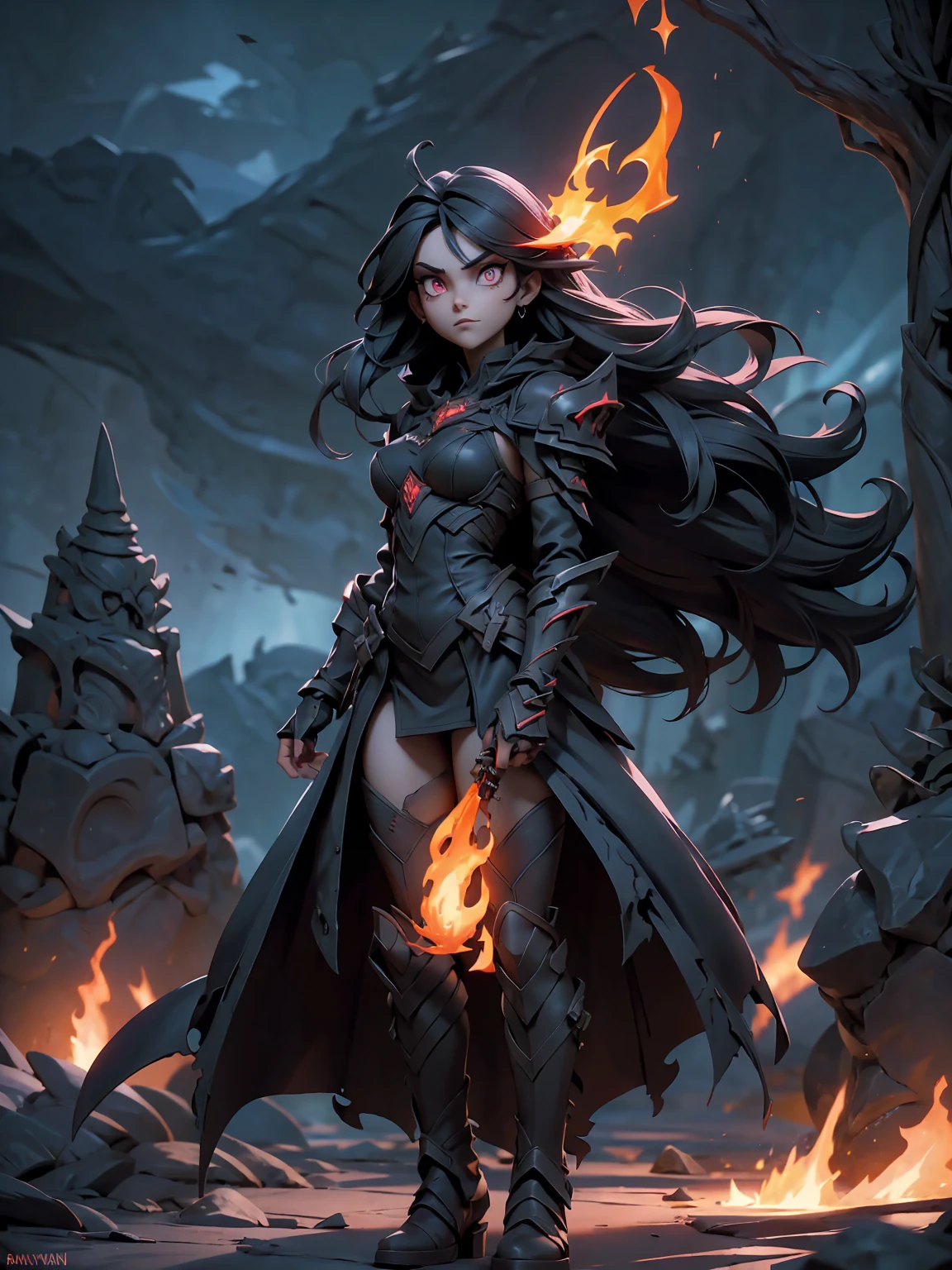 ((full body shot)) of a girl in revealing, dark red leather armor with demonic runes etched into the fabric, standing in a fiery, hellish landscape. She has long, flowing black hair and glowing red eyes, with sharp, bat-like wings and a devilish tail. Her skin is marked with arcane tattoos that glow faintly in the dim light. She holds a sinister, jagged blade that pulsates with dark energy. The atmosphere is {intense|sinister}, with flames and embers flickering around her. The ground beneath her is cracked and molten, reflecting the fiery glow and creating an infernal ambiance. Surrounding her are swirling, shadowy figures in shades of {red|black}, casting an eerie, hellish light. The background features towering, jagged rock formations and twisted, infernal architecture, hinting at a demonic stronghold. The scene is menacing and powerful, with her face showing a seductive yet dangerous expression, her eyes locked onto her next victim.

[Best quality], [Masterpiece], [Ultra-detailed], [4k], {intense|sinister} atmosphere, hellish landscape, {dynamic pose|seductive pose}, fiery illumination, {soft shadows|dramatic lighting}, {reflected light on molten ground:0.7}, {flickering flames:0.6}, {shadowy figures:0.5}, {infernal architecture:0.4}, {jagged rock formations:0.3}.