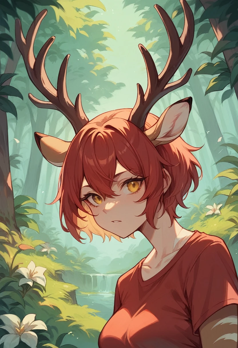 Woman, short red hair, deer horns, yellow eyes, red shirt with white stripes, in a forest