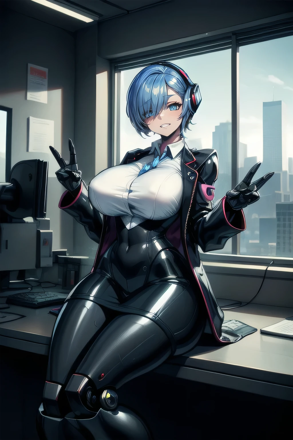 One girl,Short hair,Redhead,Bright Blue Eyes, Curvy, Huge breasts, humanoid robot, wave hands, joint, robot, robot joint, Shiny, Shiny skin, Thighs, Wide Hips, robot, humanoid robot, robot girl,indoor,window,sf,Sitting,city,Grin,office lady,Suit skirt,Black jacket, White shirt,cyber punk,Close one eye ,Wink