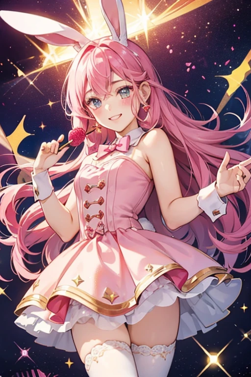 A glittering, raspberry-colored marshmallow GIRL bunny with winking face and one of her ears appears to be melting. SPARKLE; GLITTER