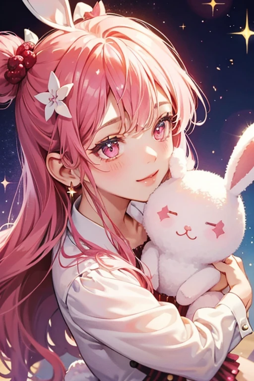 A glittering, raspberry-colored marshmallow GIRL bunny with winking face and one of her ears appears to be melting. SPARKLE; GLITTER