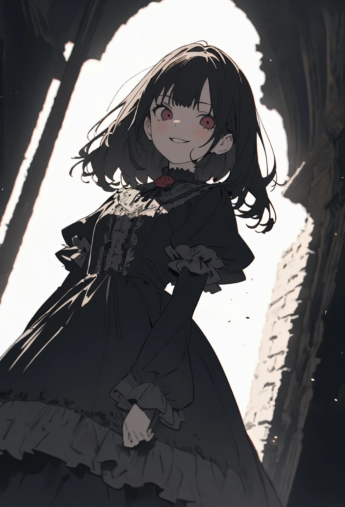 vintage style, Flat Style, flat color, flat shading, ((Masterpiece)), ((best quality)), ((kawaii)), ((extremely detailed)), (sketch:0.3), (8K), (High Definition:1.3), (Professional Photography:1.2), cinematic lighting, (very aesthetic:1.2), (absurdres:1.2), (sharp focus), (perfect light), ((12 years old)), from below, 8K, wide shot, Textured skin, 1girl, ((Beautiful Gothic Lolita Dresses)), (very hoop-dress), ((Luxury roses embroidery)), cute innocent teenage girl, Slender and small breasts, ((long silky black hair)), blush, gothic horror makeup, (beautiful hair), ((evil smile)), clean air, ((cute sparkle)), Light particles, sitting in the beautiful horror garden, (black roses garden),