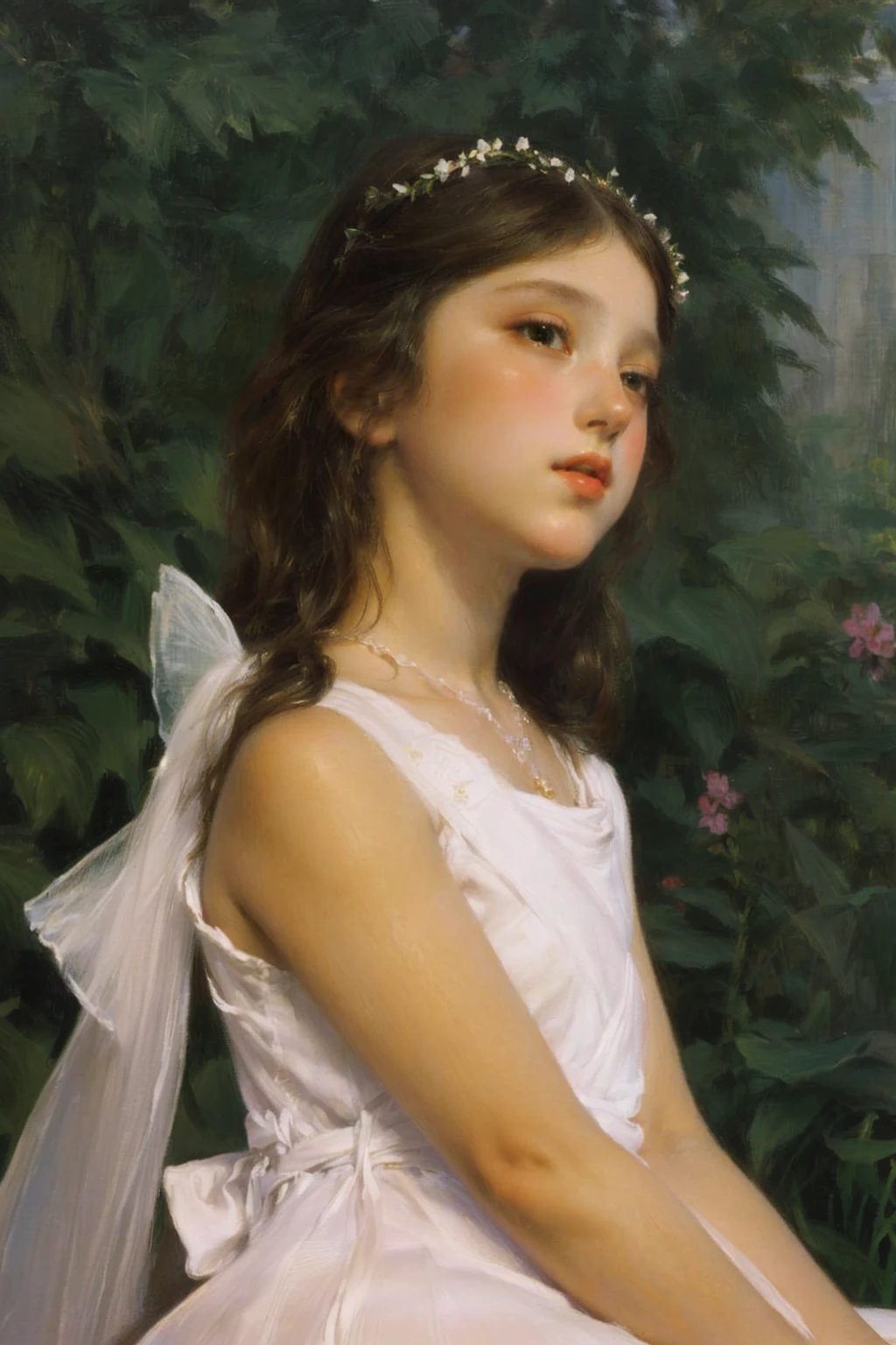 painting of a young girl in a white dress sitting in a garden, Portrait painting of a princess, portrait of fairy princess, princess portrait, Portrait of a princess, inspired by William-Adolphe Bouguereau, princess portrait, Pudica bouguereau style pose, classic portrait, beautiful languid princess, a stunning young ethereal figure
