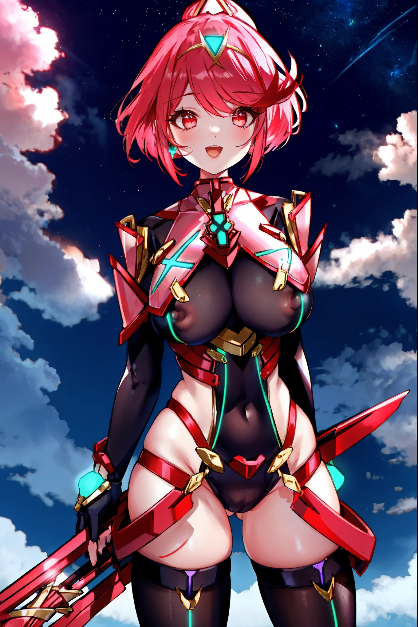 pyra \(xenoblade\), _1girl, , armor, bangs, black gloves, breasts, red eyes, light_open_mouth, earrings, eyelashes, fingerless gloves, floating hair, framed breasts, gem, gloves, hair ornament, headpiece, jewelry, big_breasts, leaning back, swimsuit, neon trim, official art, pose, red hair, saitou masatsugu, short hair, sidelocks, skin tight, solo, swept bangs, thighhighs, tiara, fantasy_town_background, underbust, vambraces, xenoblade chronicles \(series\), (xenoblade chronicles 2), (spread_legs:1.1), fire_effect,dynamic_pose,fighting,light_smile, (plump:0.8), big_ass,huge_sword, hold_large_sword_hilt, covered_nipples, (covered_pussy:0.8),back_view, fists,ponytail,plump,beautiful_fingers,(solo:1.1)