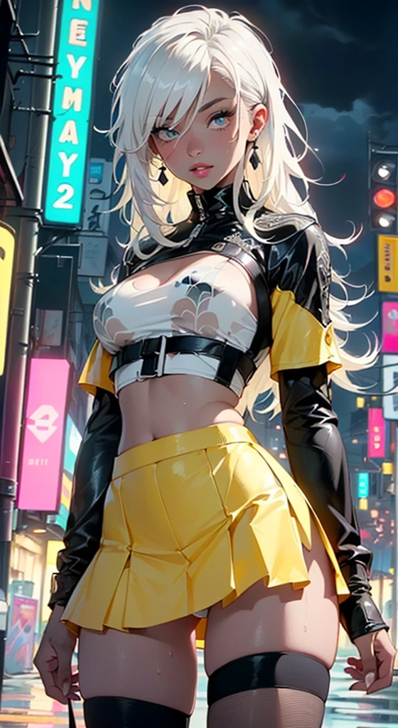 dark skin,very dark skin,dark_skin,
girl rave,(((1girl))),((girl with extremely cute and beautiful white hair)),(large breasts:1.4),saggy breasts,(((white hair:1.35,straight hair,long hair:1.4,colored inner hair,ear breathing))),(((eyes very light yellow:1.3))),intricate eyes,beautiful detailed eyes,symmetrical eyes,Big eyes:15,((fat)),((((black girl,black skin,dark-skinned_female,dark skin:1.3,ebony skin,lustrous skin:1.5,bright skin: 1.5,shiny skin,very shiny skin,shiny body,plastic glitter skin,exaggerated shiny skin,shiny skin like ebony,illuminated skin, wet legs))),(spider lower abdomen,narrow waist,wide hip,athletic body,inflated legs,delicate detailed fingers,detailed body,(detailed face)),cute,slutty,seductive,erotic,(((nsfw))),zettai ryouiki,revealing clothing,show skin,((rave shirt with an yellow print,rave mini-skirt,visible thong straps)),(wearing a rave outfit:1.3,rave clothes,semi-naked,with little clothing),((wet clothes,intricate outfit,intricate clothes)),
(dynamic pose:1.0),solo focus,embarrassed,(centered,scale to fit dimensions,Rule of thirds),
cyberpunk city by the ocean at night, with bright neon signs and dark stormy clouds and puddles, scenery:1.25,artistic photography,(photography taken by sldr),highres, sharp focus, (ultra detailed, extremely detailed), (photorealistic artwork:1.37),(extremely detailed CG unity 8k wallpaper),((synthwave background theme)),(((vibrant colors))),(intricate background),(masterpiece),(best quality),