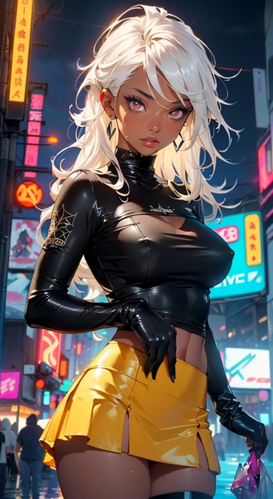 dark skin,very dark skin,dark_skin,
girl rave,(((1girl))),((girl with extremely cute and beautiful white hair)),(large :1.4),saggy breastste hair:1.35,straight hair,long hair:1.4,colored inner hair,ear breathing))),(((eyes very light yellow:1.3))),intricate eyes,beautiful detailed eyes,symmetrical eyes,Big eyes:15,((fat)),((((black girl,black skin,dark-skinned_female,dark skin:1.3,ebony skin,lustrous skin:bright skin: 1.5,shiny skin,very shiny skin,shiny body,plastic glitter skin,exaggerated shiny skin,shiny skin like ebony,illuminated skin, wet legs))),(spider lower abdomen,narrow waist,wide hip,athletic body,inflated legs,delicate detailed fingers,detailed body,(detailed face)),cute,slutty,seductive,erotic,(((nsfw))), ryouiki,revealing clothing,show skin,((rave shirt with an yellow print,rave mini-skirt,visible thong straps)),(wearing a rave outfit:1.3,rave clothes,semi-naked,with little clothi(wet clothes,intricate outfit,intricate clothes)),
(dynamic pose:1.0),solo focus,embarrassed,(centered,scale to fit dimensions,Rule of thirds),
cyberpunk city by the ocean at night, with bright neon signs and dark stormy clouds and puddles, scenery:1.25,artistic photography,(photography taken by sldr),highres, sharp focus, (ultra detailed, extremely detailed), (photorealistic artwork:1.37),(extremely detailed CG unity 8k wallpaper),((synthwave background theme)),(((vibrant colors))),(intricate background),(masterpiece),(best quality),