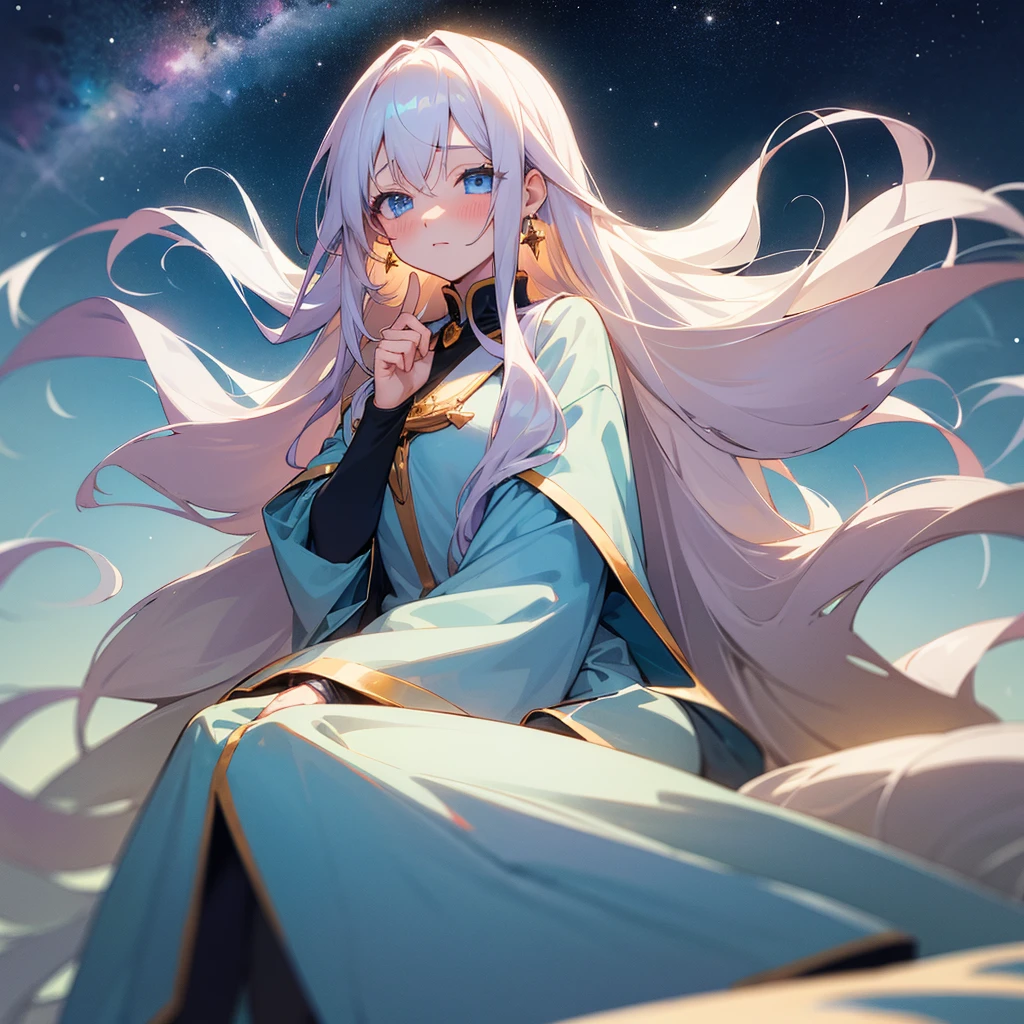 Anime Girl，White long hair，Blue Eyes，shy，cute，grace，high resolution, masterpiece, Anatomically correct, Ultra HD, high quality，Crystal Earrings, Starry sky background，Sitting dignifiedly，Holding a sign that says &quot;v me 50&quot;，blush