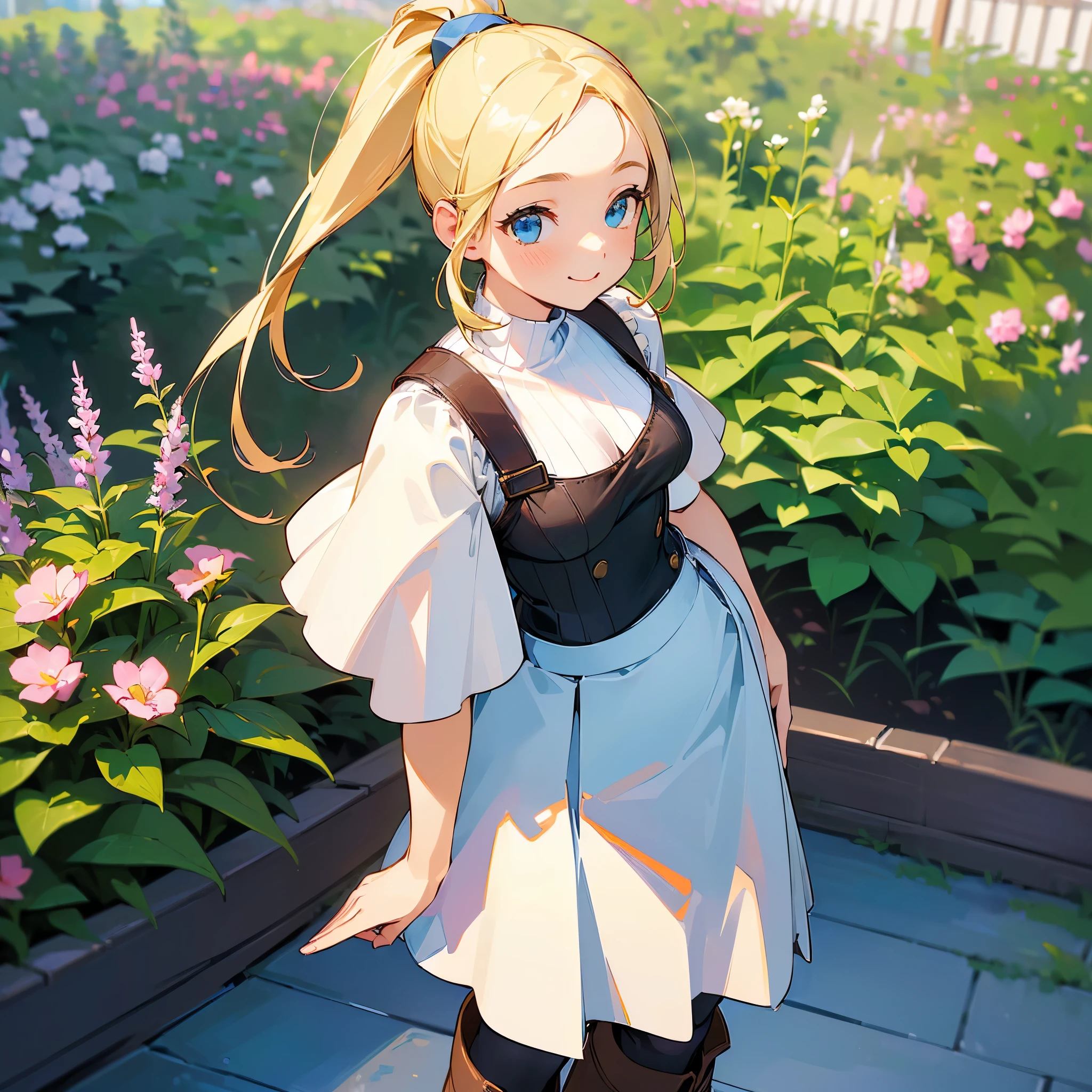 (high quality, High resolution, Very detailed, reality:1.37), Peaceful atmosphere, (Outdoor, garden), Teenage girl standing alone, (my breasts are big.), Beautiful details, Cute Smile, (Blonde Ponytail), Short sleeve ribbed sweater, Blue Skirt, Black tights, Brown boots.